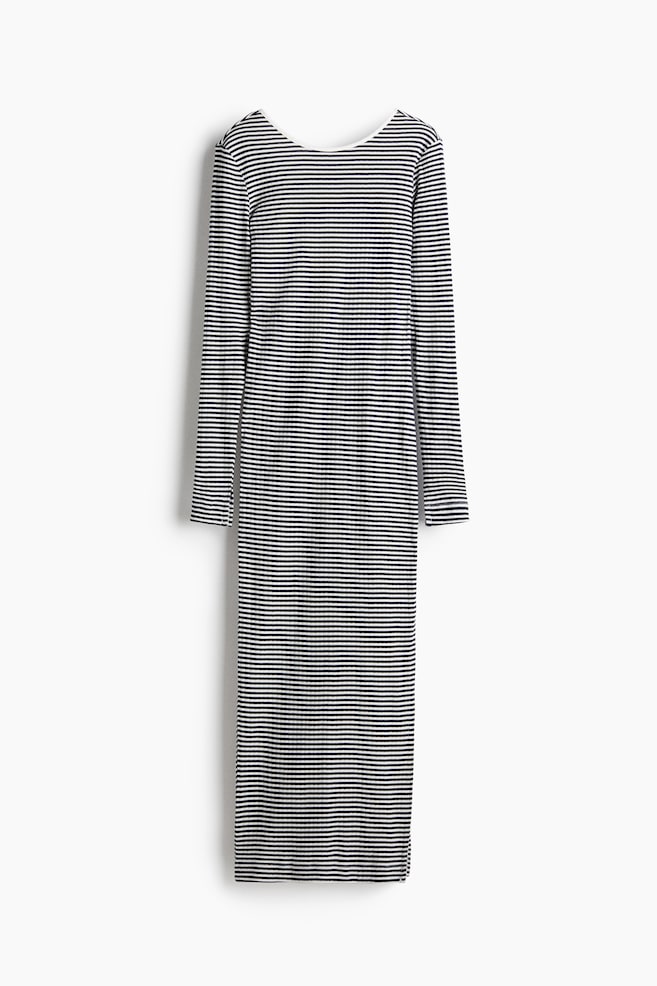 Robe côtelée avec dos dégagé - Blanc/rayures bleu marine/Noir/rayures beiges - 1