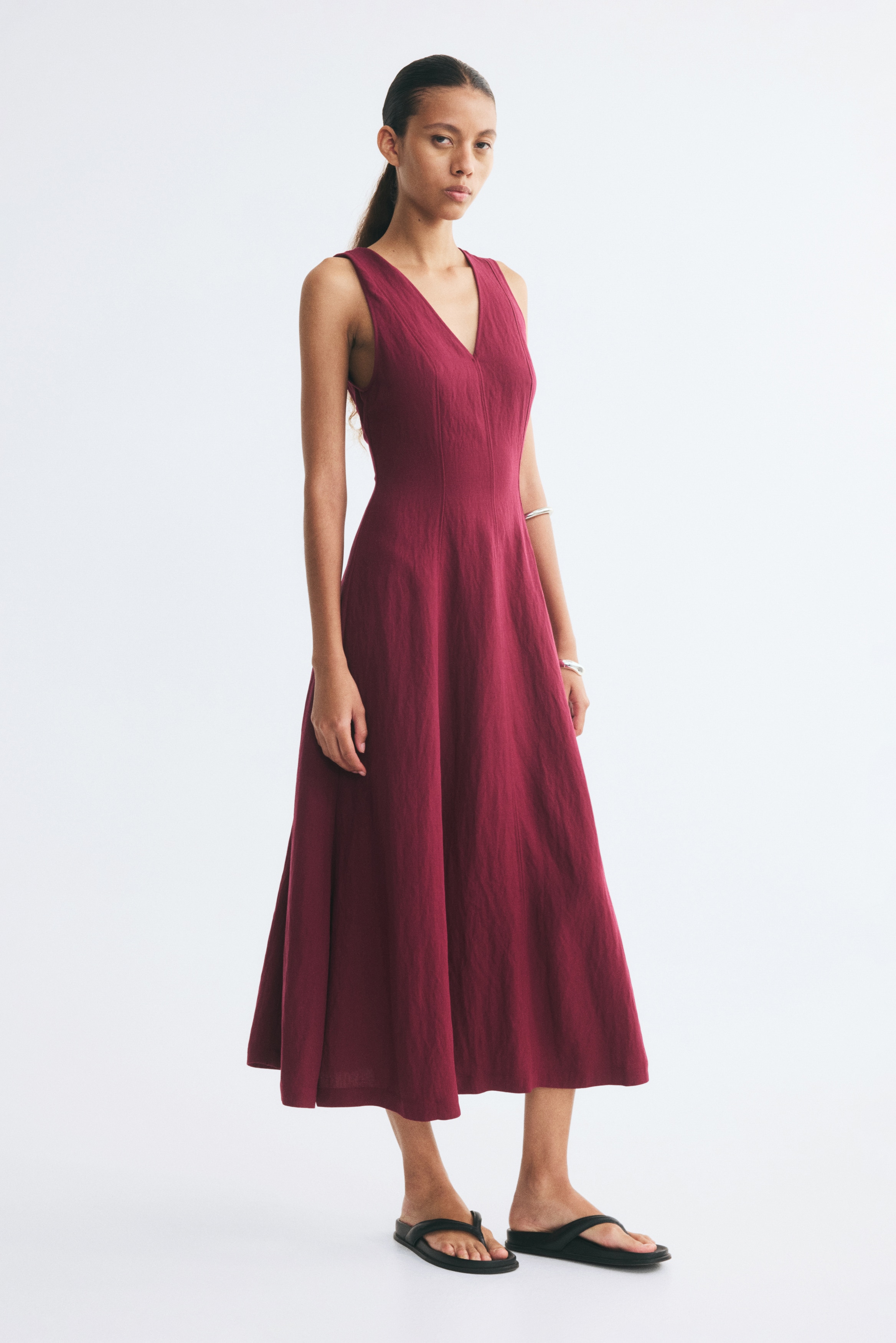 Váy viscose pha có chân váy xoè - Màu đỏ đậm/Màu be đậm