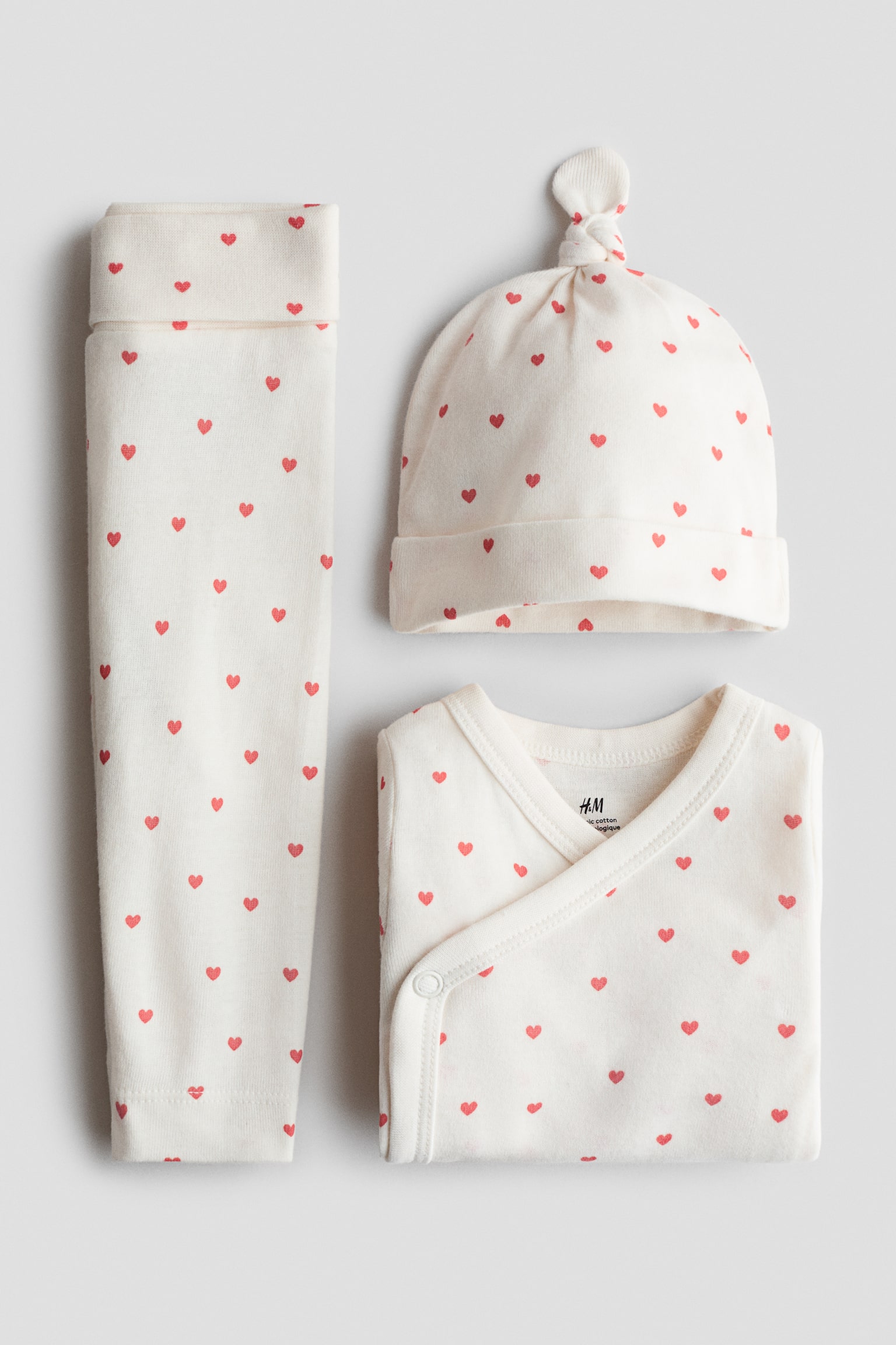 Set de 3 piese din bumbac - Bej-deschis/inimi - 2