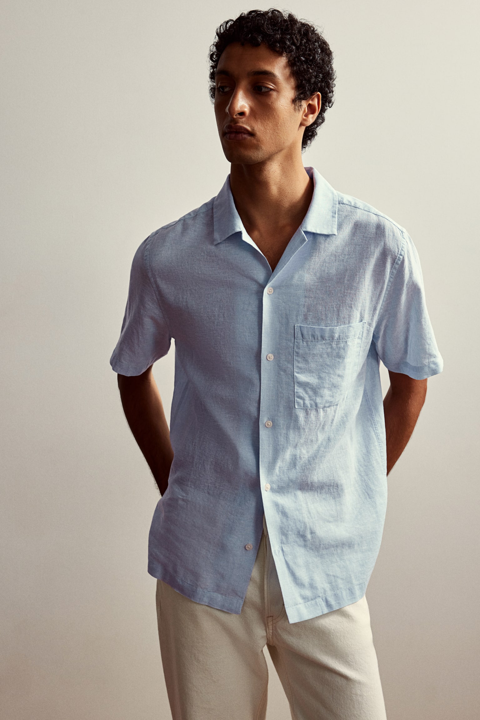 Regular Fit Linen-blend resort shirt - Light blue/White/Light beige/Navy blue - 7