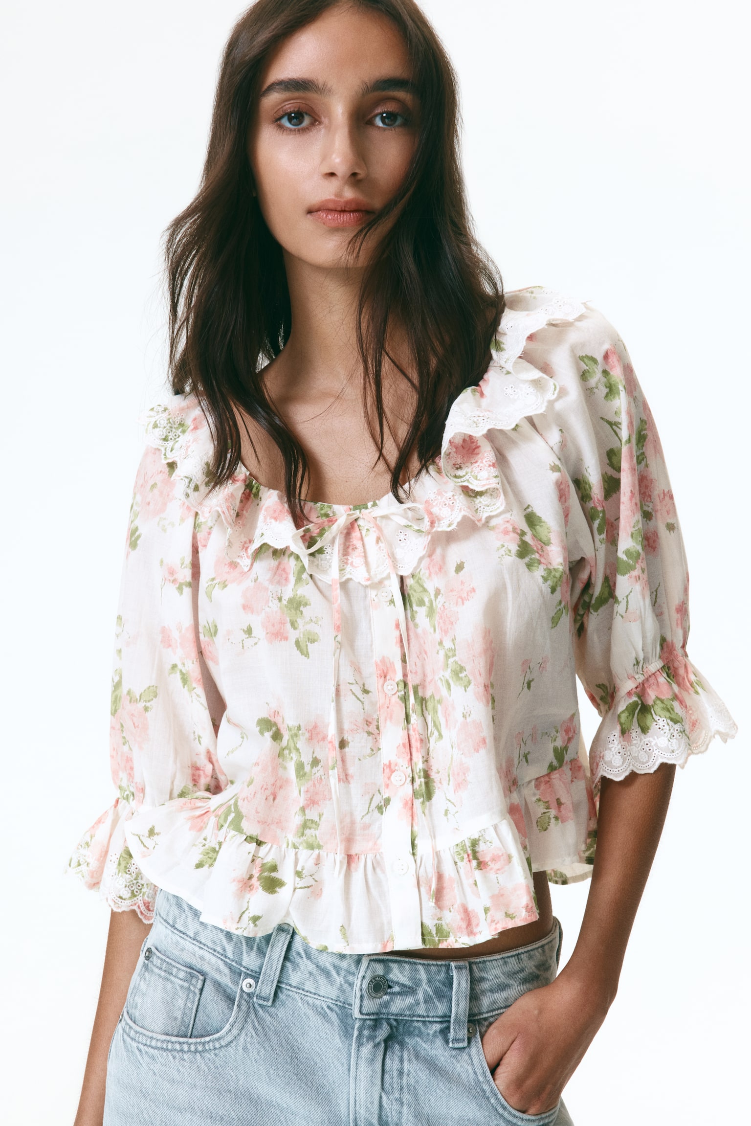Broderie anglaise cotton blouse - Cream/Floral - 1