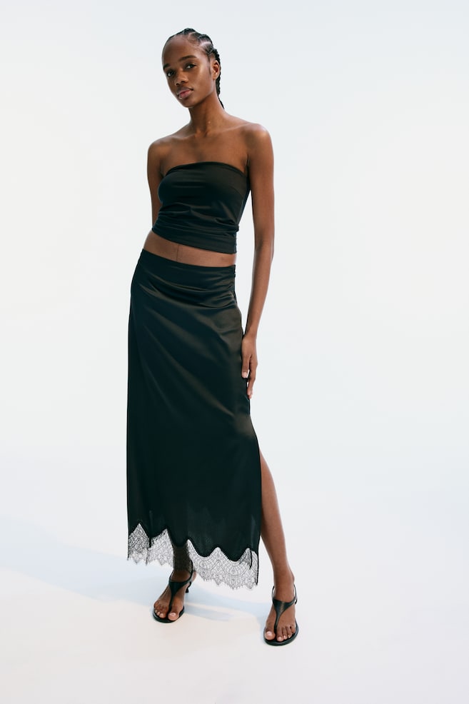 Lace-Trimmed Satin Skirt - Black - 5