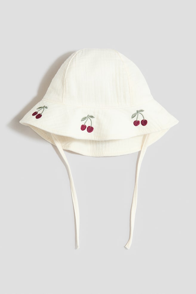 Muslin Sun Hat with Embroidery - White/cherries/Red/strawberries - 1