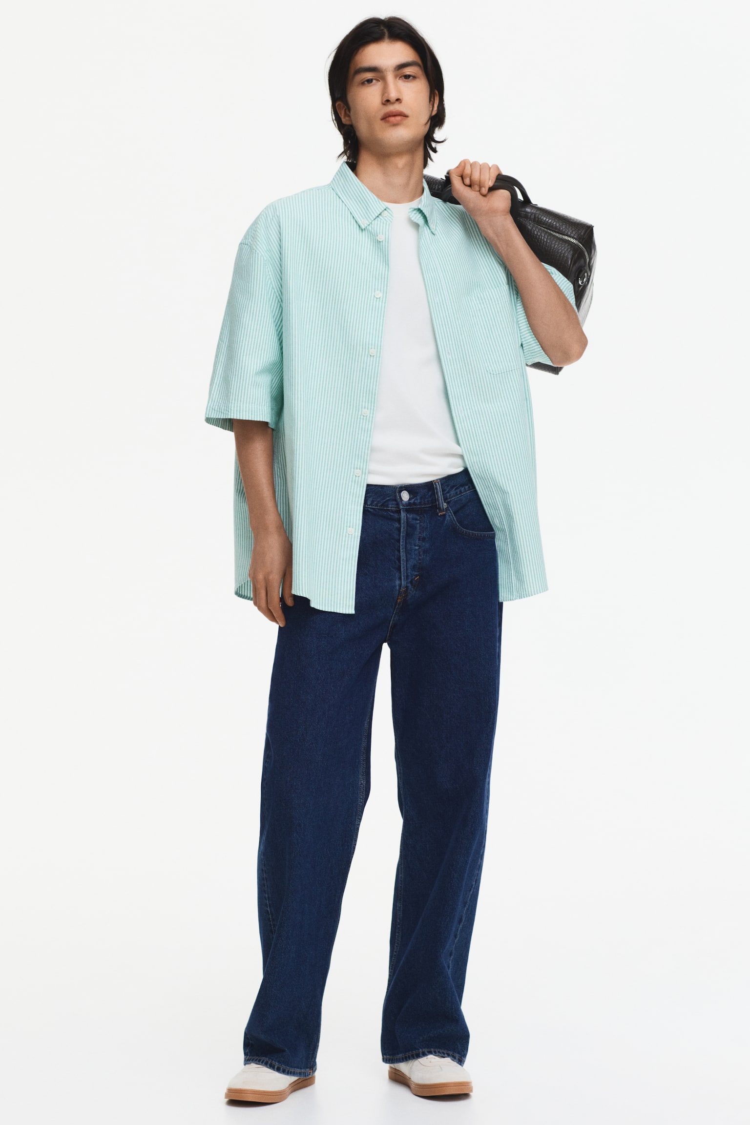 Relaxed Fit Short-sleeved Oxford shirt - Green/Striped/Dark blue/Dark green/White - 3
