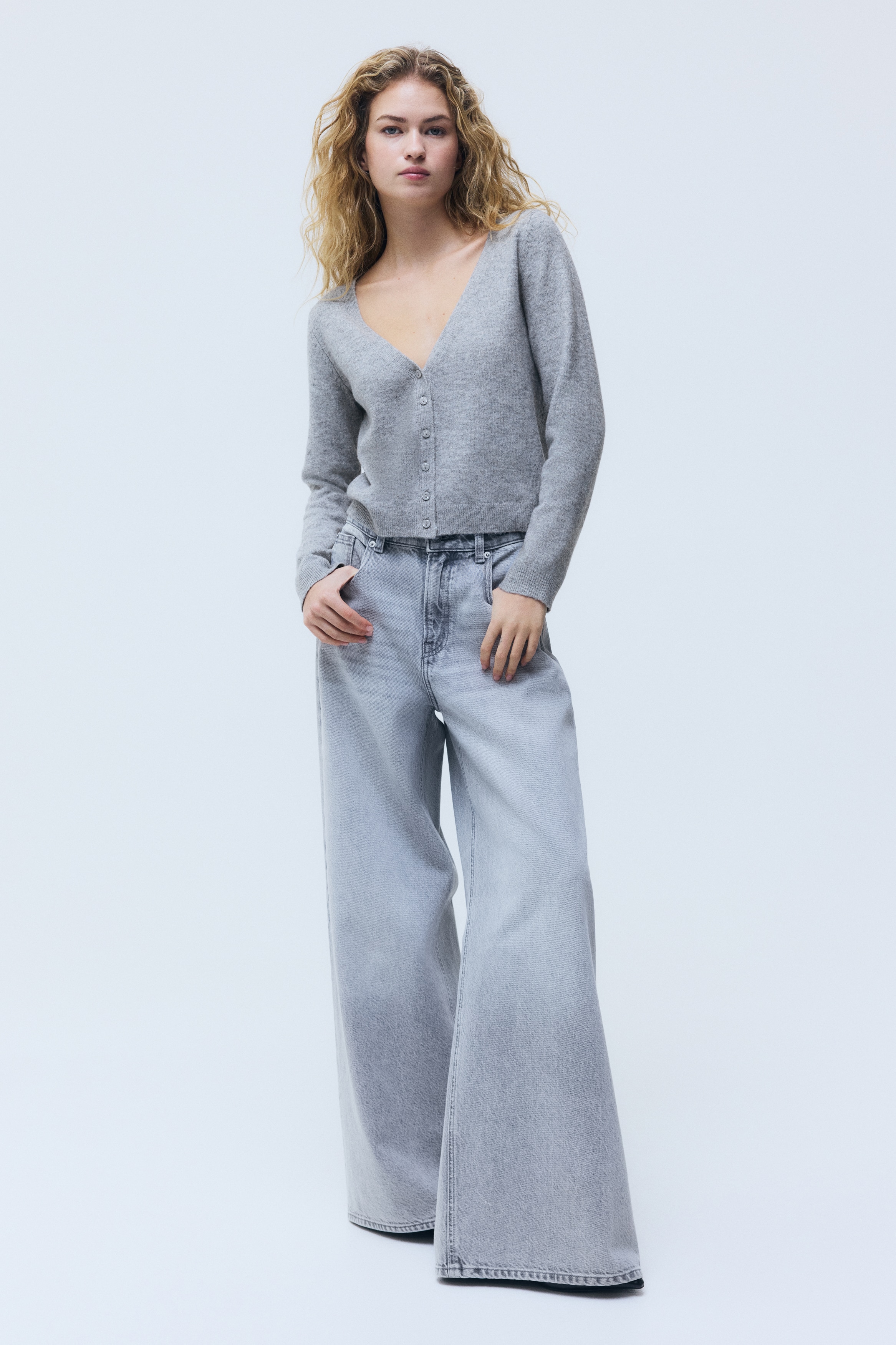 Áo cardigan cổ chữ V - Màu xám nhạt đốm/Màu hồng nhạt/Màu be nhạt