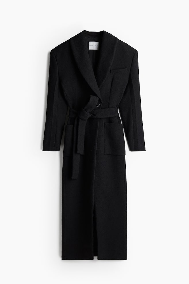 Tie-Belt Bouclé-Weave Coat - Black - 1