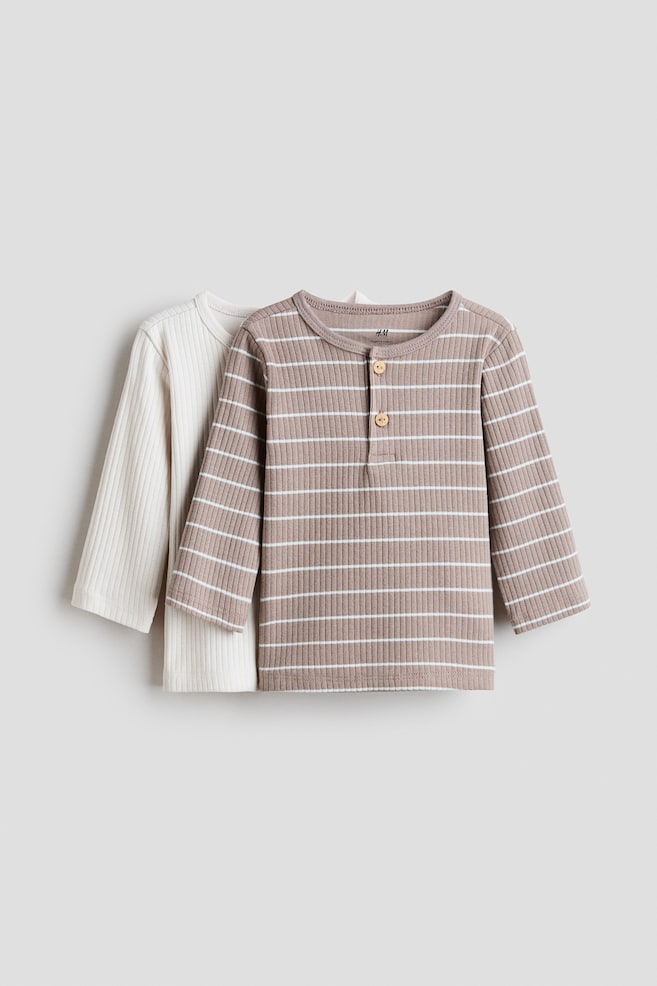 2-pack cotton Henley tops - Beige/White striped/Light turquoise/Dark grey - 1