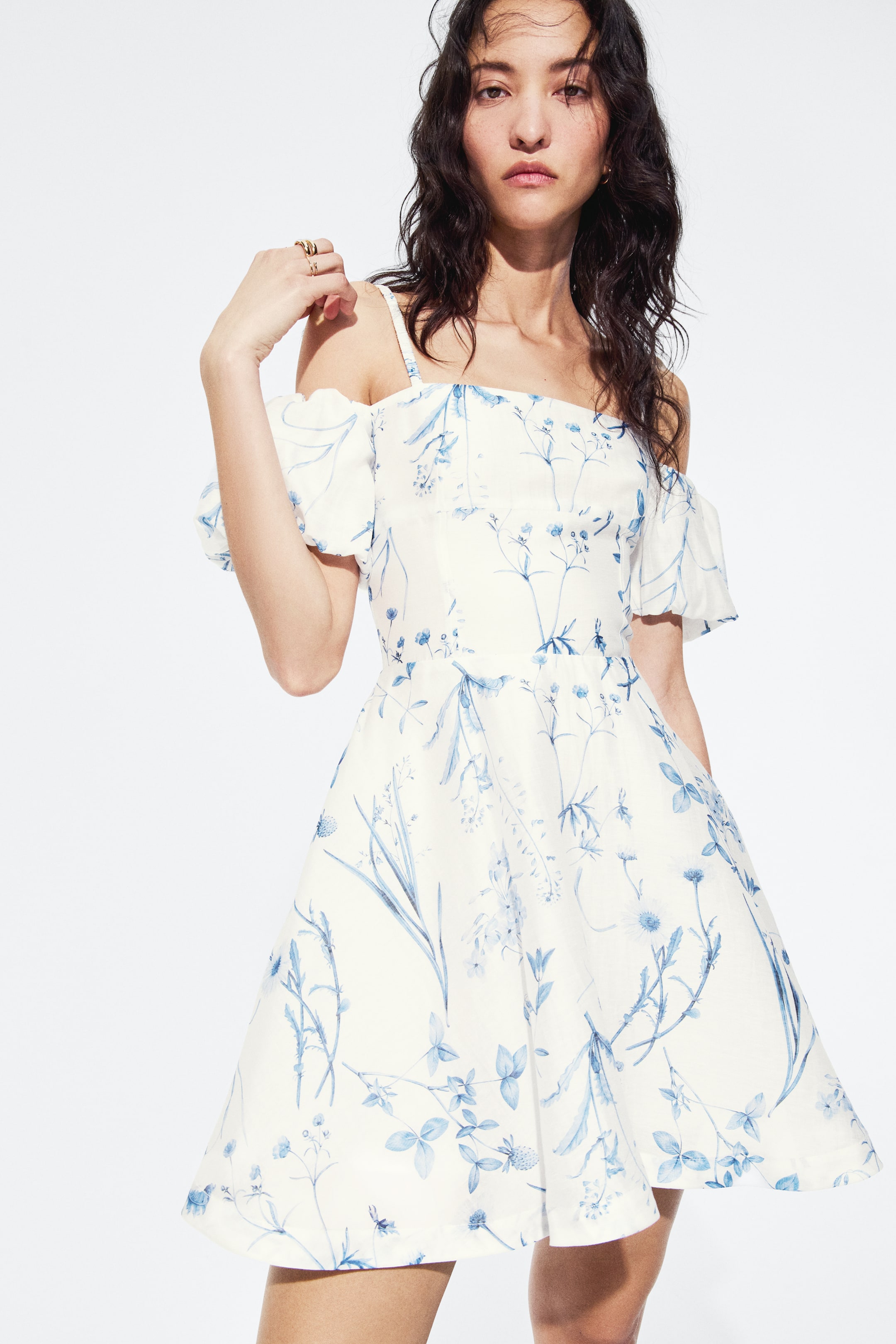 Linen-Blend Open-Shoulder Dress