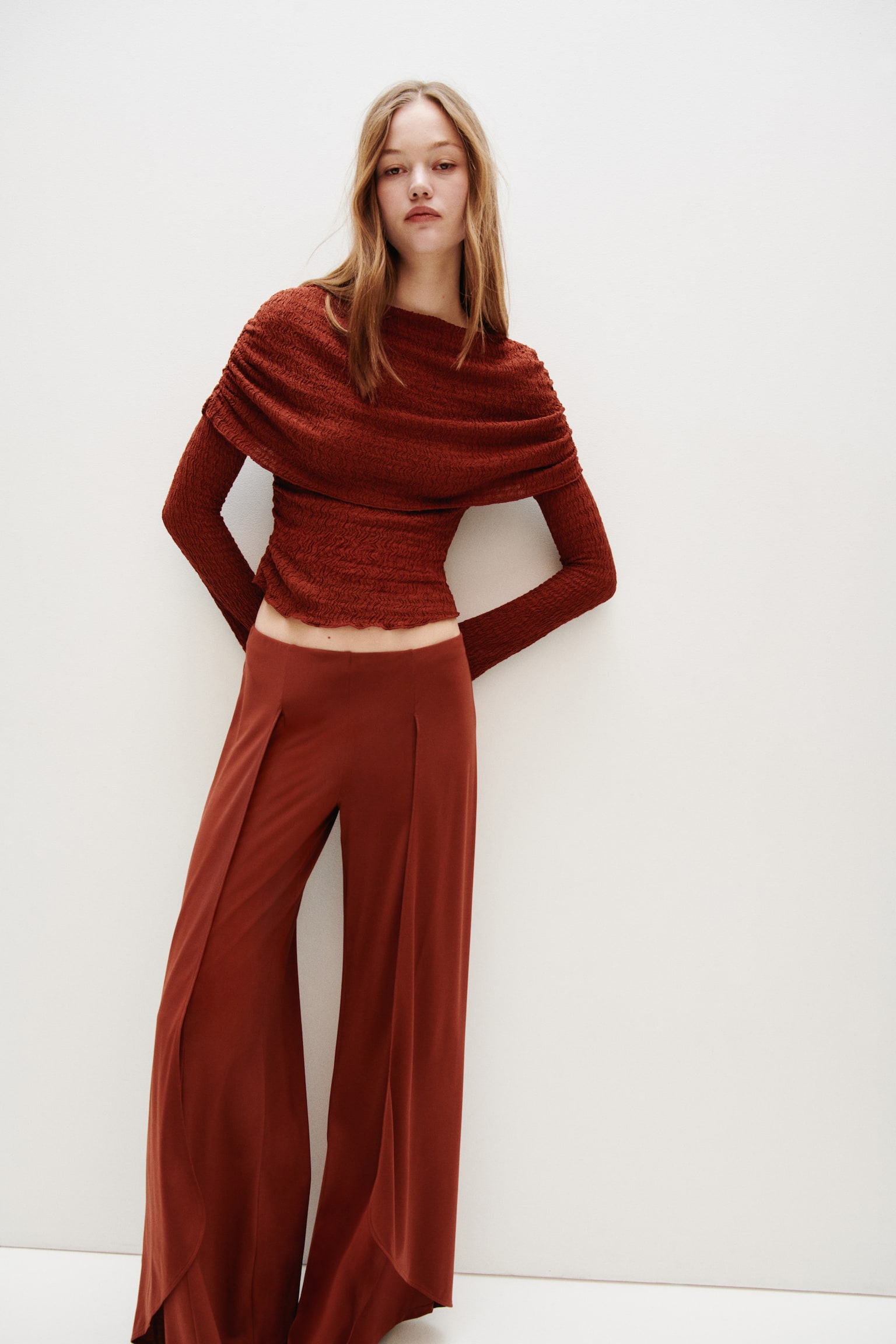 Layered jersey top - Rust red/Light beige - 3