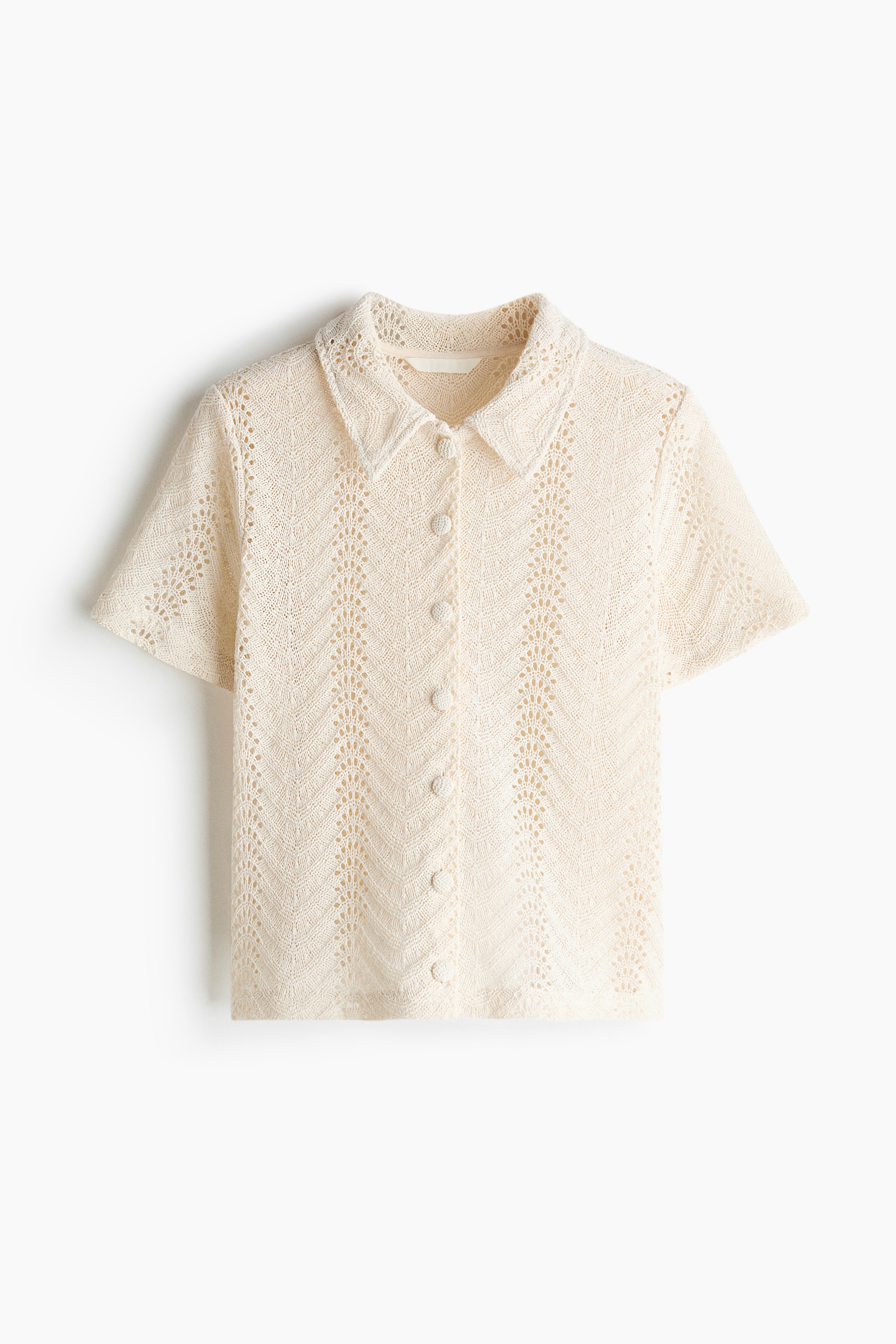 Short-sleeved crochet-look shirt - Cream