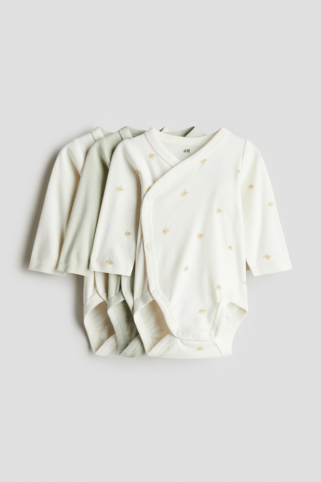 3-pack wrapover bodysuits - Cream/Lemons/Light dusty blue/Striped/White/Light beige/Striped/Dusty pink/Spotted/White/Hearts - 1