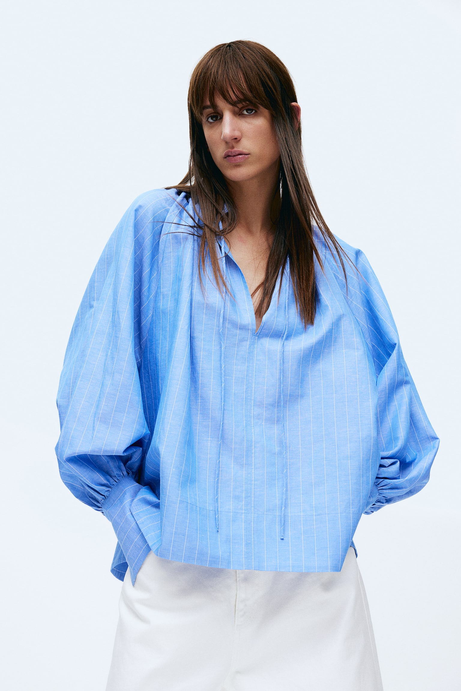 Balloon Sleeve Blouse - Blue/Stripe/White - 1