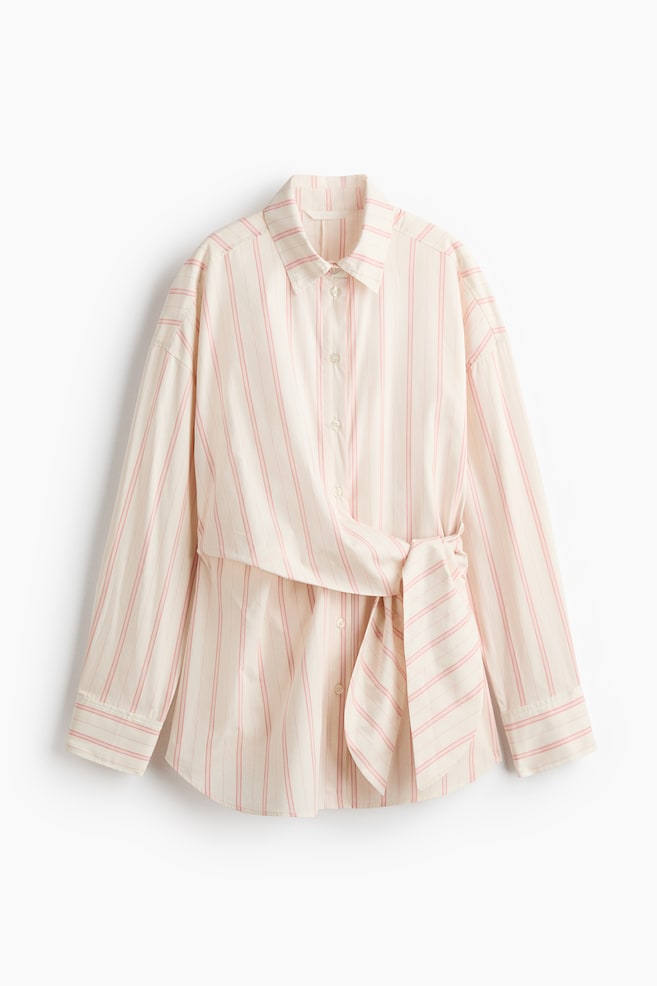 Tie-Detail Cotton Shirt - Light beige/striped - 1