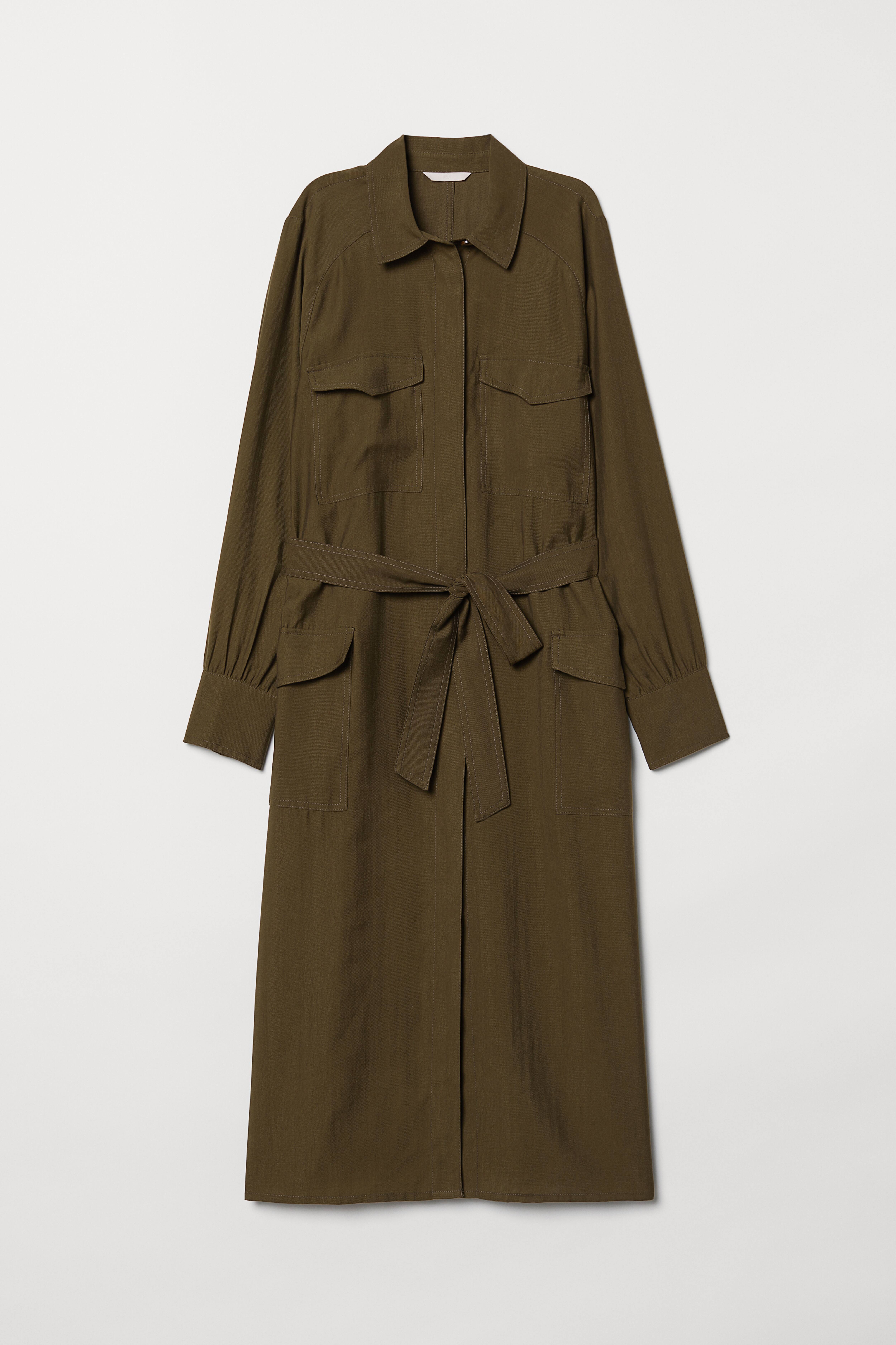 Shirt Dress - Long sleeve - Midi - Dark khaki green - Ladies | H&M US