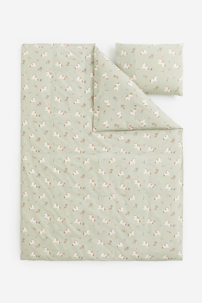 Patterned cotton duvet cover set - Light green/Unicorns - 3