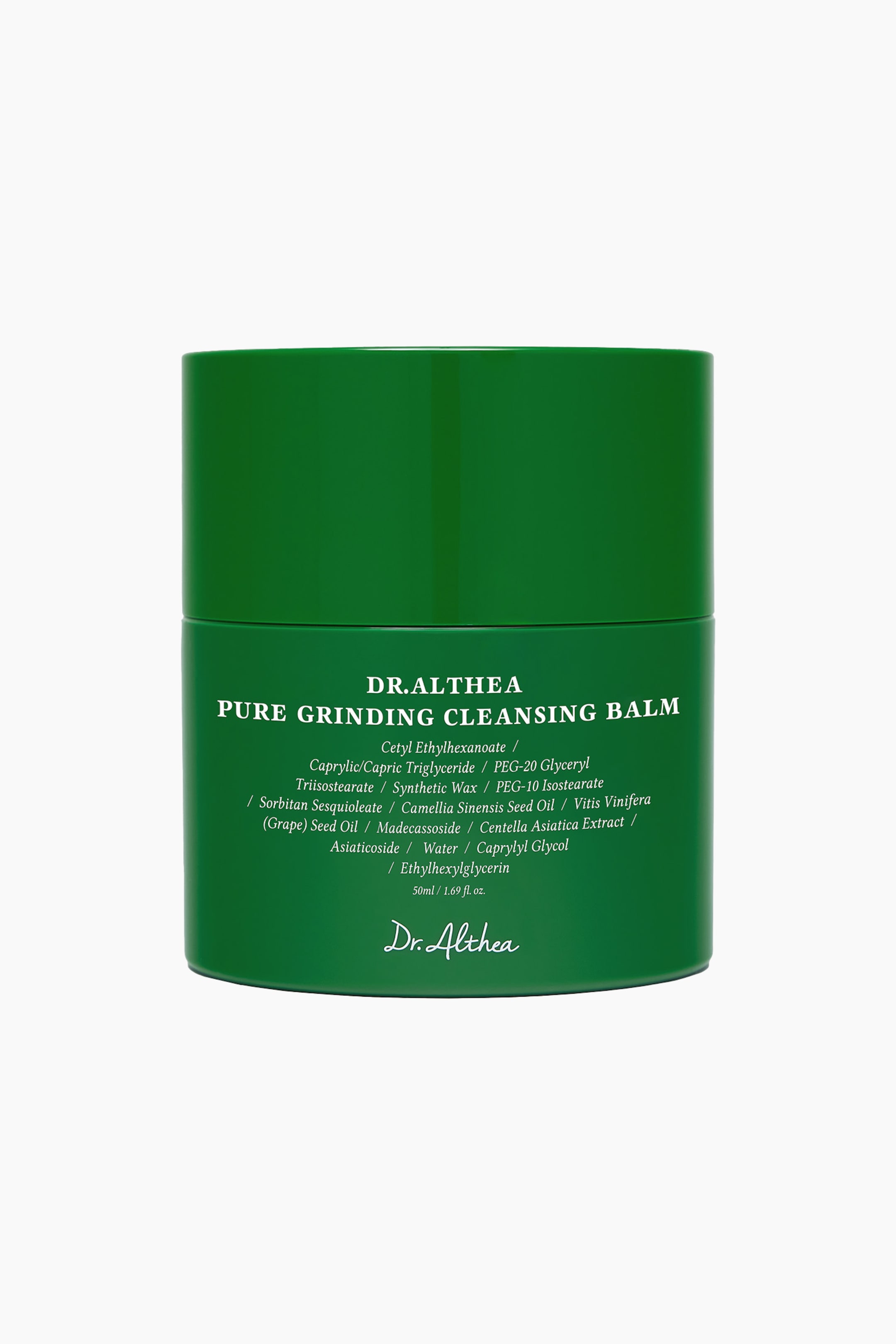 Visa större bild: En mörkgrön cylindrisk burk med Dr.Althea Pure Grinding Cleansing Balm står upprätt, vänd framåt. Burken har ett matchande mörkgrönt lock och vit text som anger produktnamn, ingredienser och varumärke.