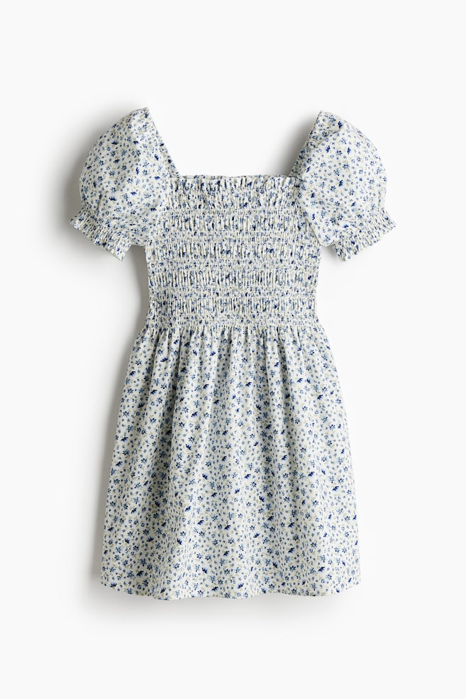 Gesmoktes Kleid aus Popeline - Weiß/Blau geblümt/Schwarz/Cremefarben - 1