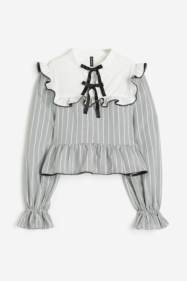 Tie-detail frill-trimmed blouse - Black/Striped/White - 2