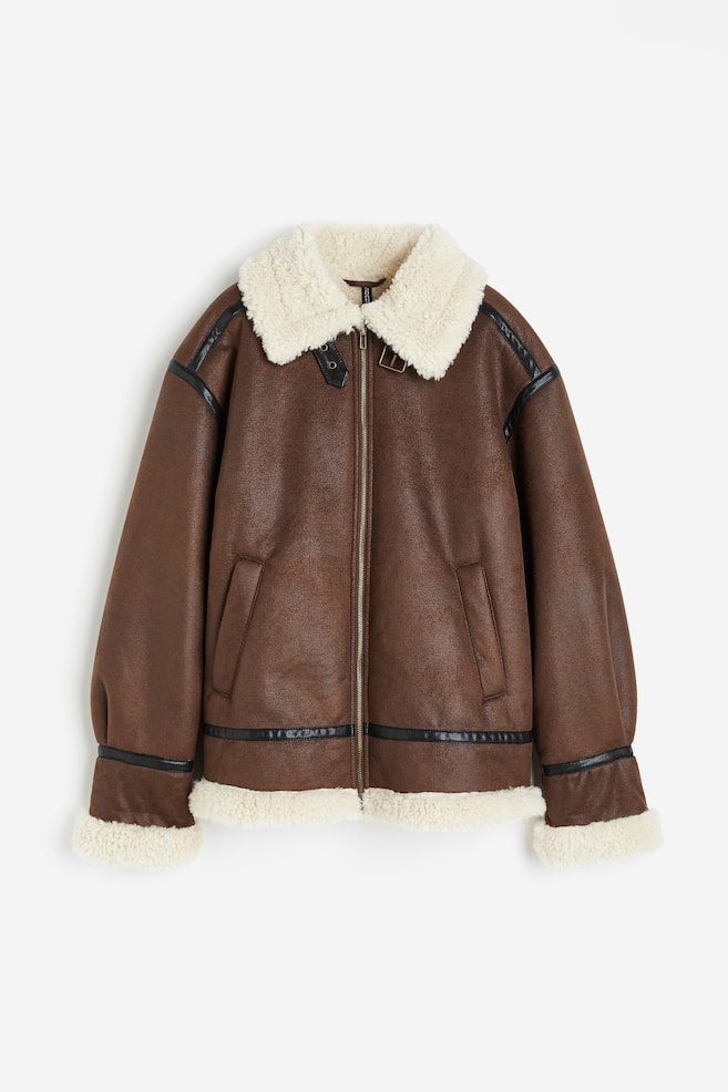 Oversized teddy-lined jacket - Brown/Dark beige - 2