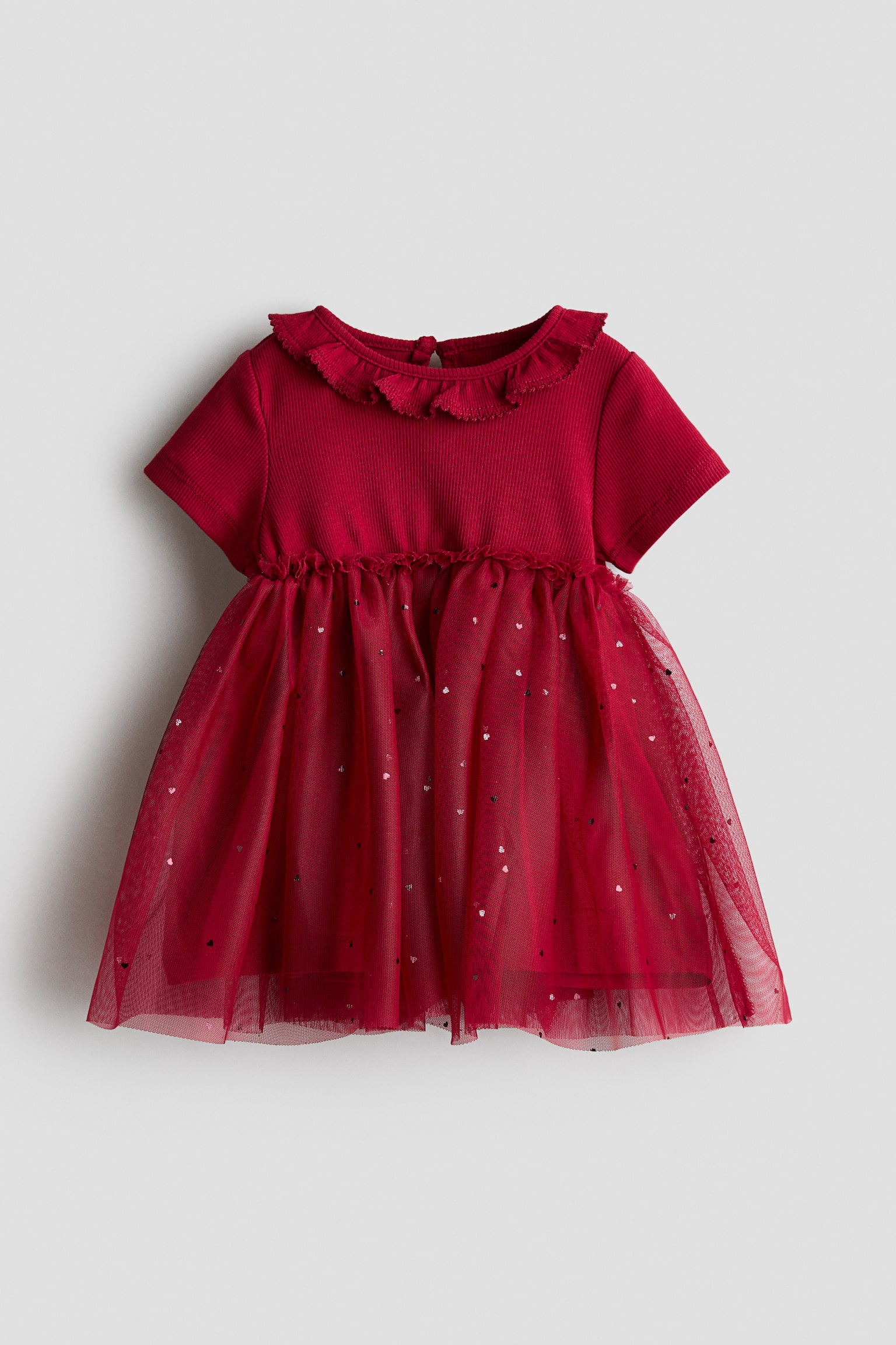 Tulle-skirt cotton dress - Red/Cream/Hearts/Light pink