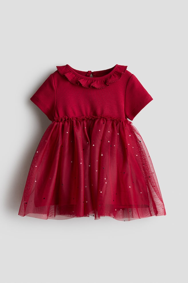 Tulle-skirt cotton dress - Red/Cream/Hearts/Dark pink/Light pink - 1