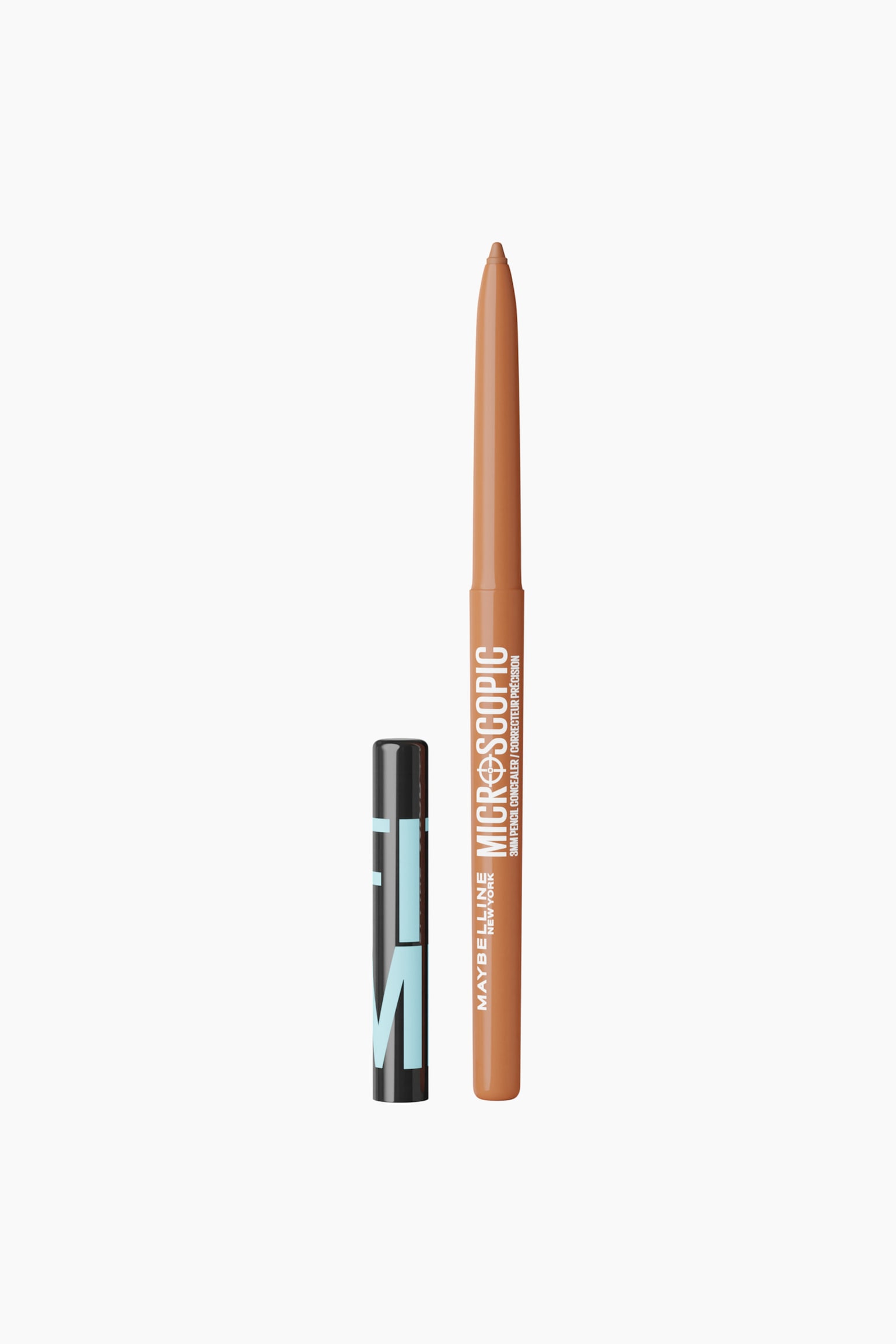 Ein schmales, nudefarbenes Stift-Concealer steht senkrecht neben seiner abgenommenen schwarzen Kappe und zeigt seine freiliegende, spitz zulaufende 3-mm-Nude-Spitze. Der passende nudefarbene Schaft des Stifts trÃ¤gt weiÃen Markenaufdruck, wÃ¤hrend die schwarze Kappe mit einem hellblauen Grafikdesign versehen ist.