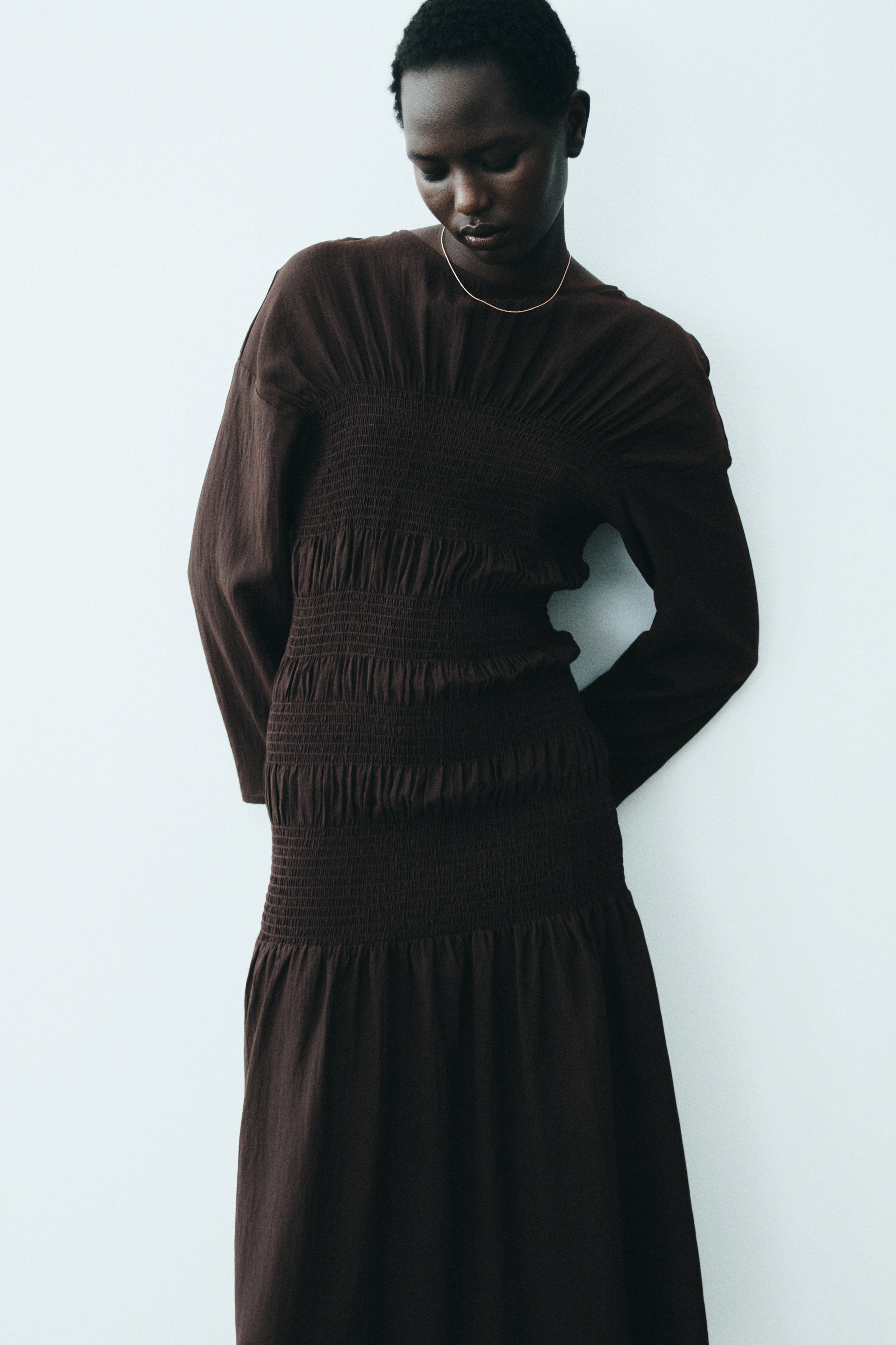 Ladies - Dark Brown Smocked Dress - Size: L - H&M