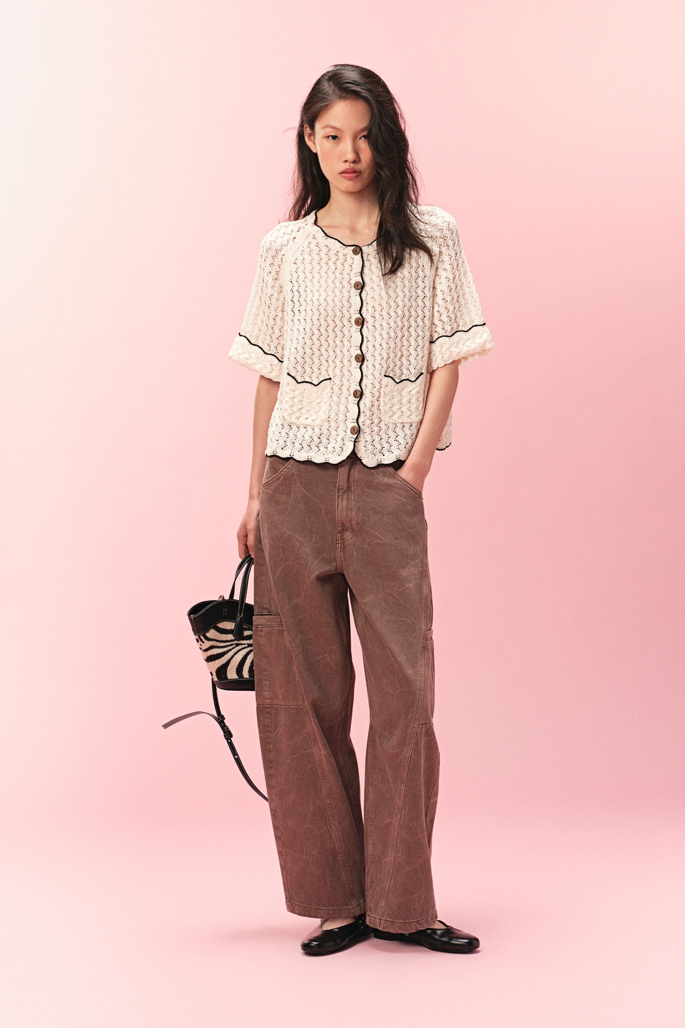 Pointelle-Knit Cardigan - White/black