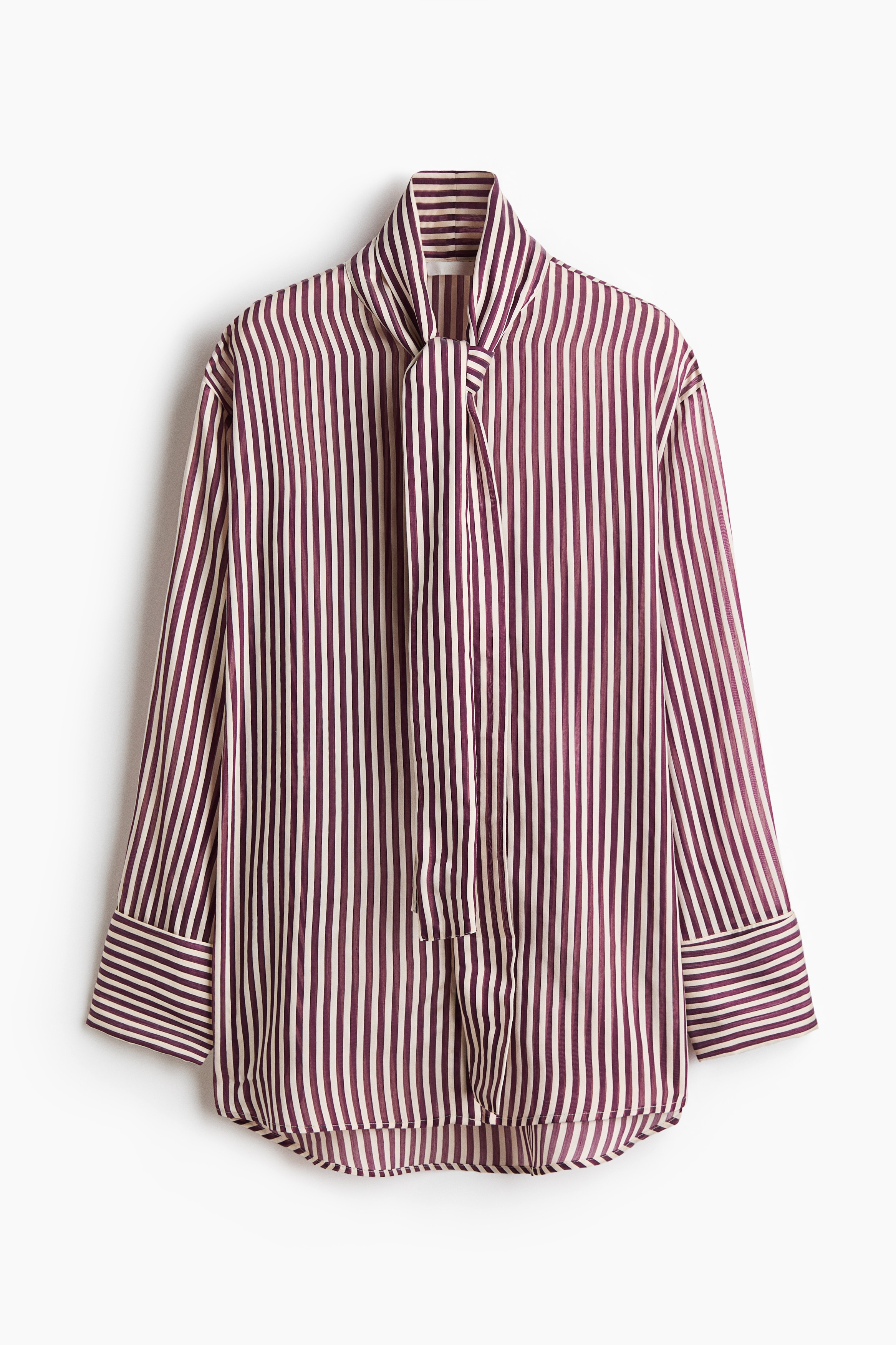 加大碼領巾領襯衫 - Plum purple/Striped