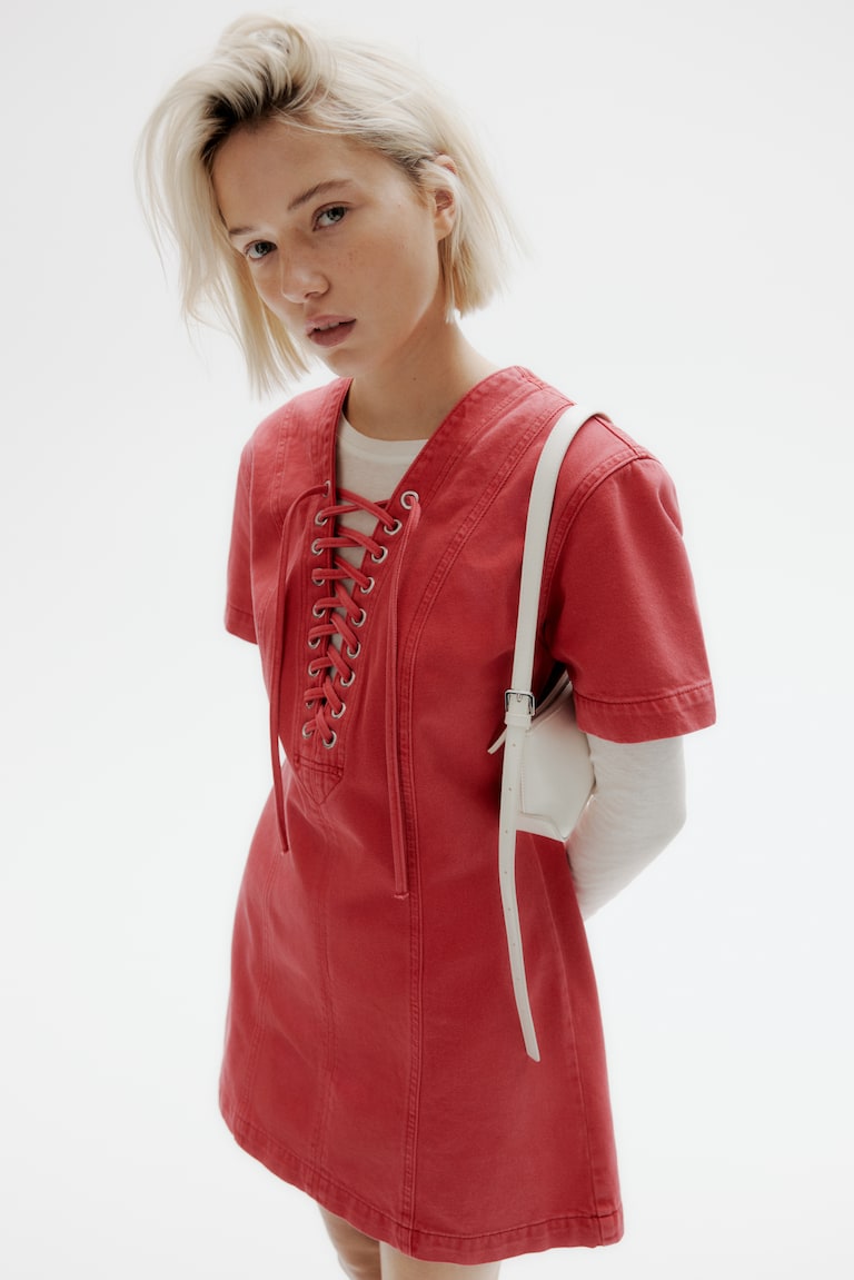 Lacing-detail denim dress Red Ladies H&M US