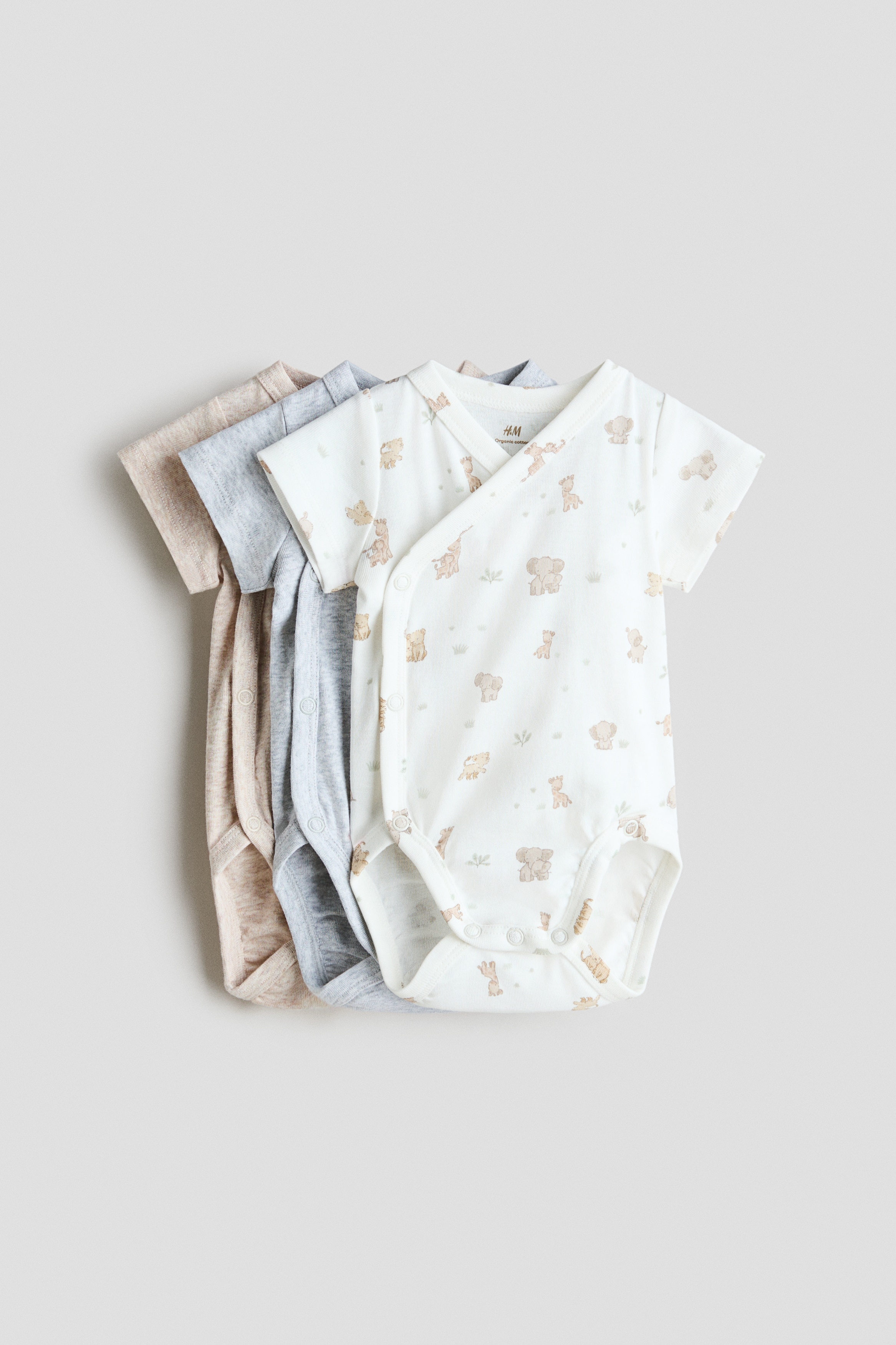 Pack de 3 bodies cruzados - Gris claro jaspeado/Animales/Rosa empolvado claro/Floral/Beige claro/Animales/Turquesa claro/Rayas/Blanco/Floral