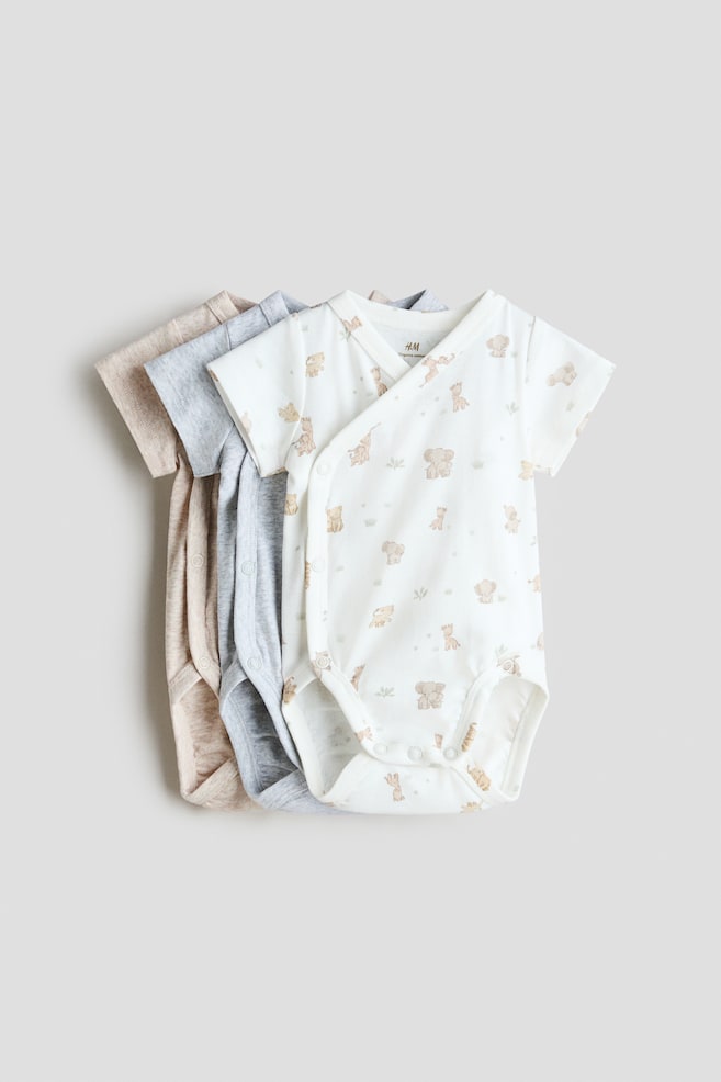 3-pack wrapover bodysuits - Light grey marl/Animals/White/Cherries/Light dusty pink/Floral - 1