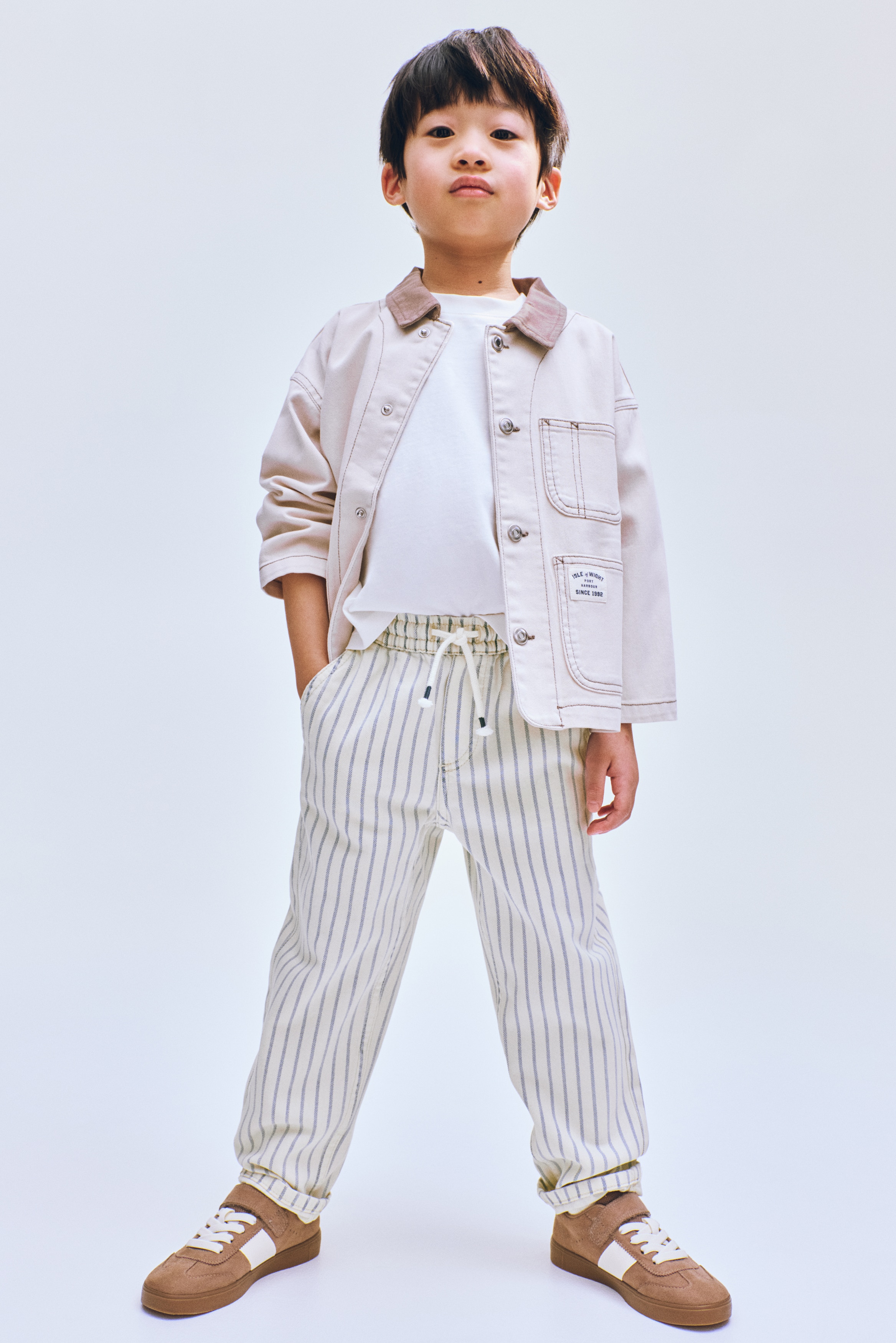 Παντελόνι από ντιαγκονάλ ύφασμα με λάστιχο - Κρεμ/ριγέ/Ανοιχτό μπλε denim