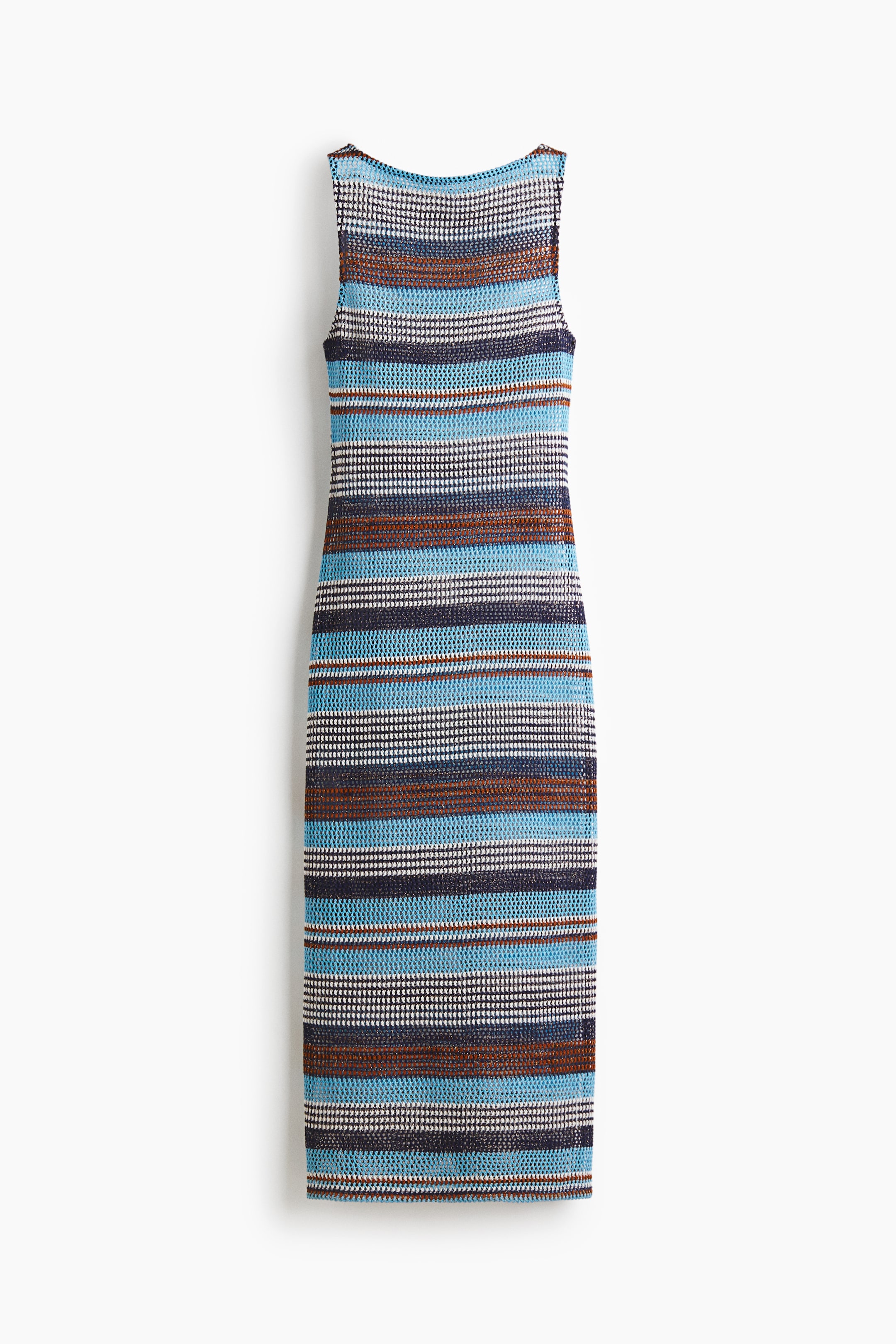 View larger image: Presenting a sleeveless midi dress in its frontal view, highlighting an open knit design with horizontal stripes. It showcases a blend of blue, brown, and white shades, complemented by a scoop neckline.