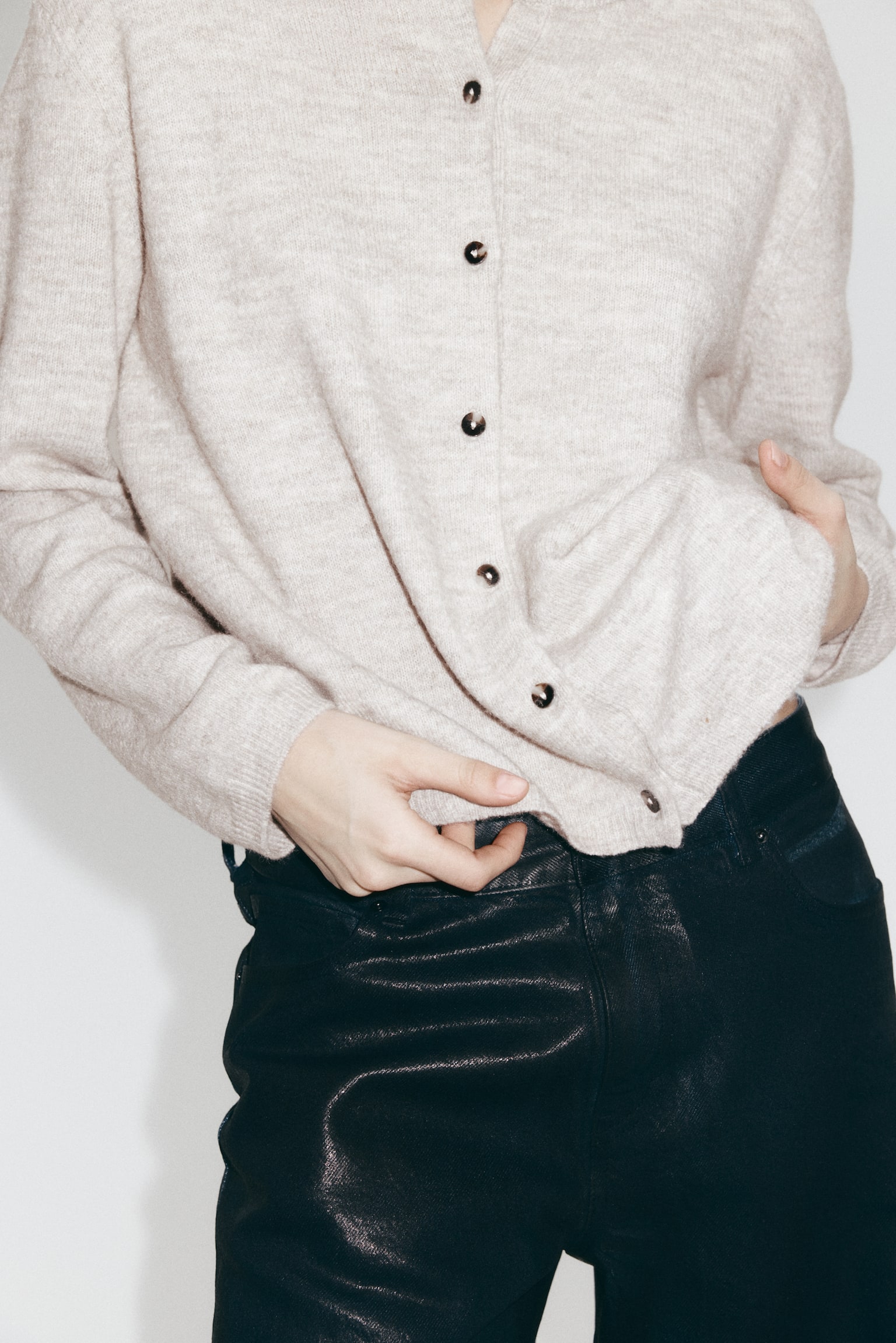 Loose-fit cardigan - Greige marl/Dark grey marl/Beige marl/Light yellow - 3