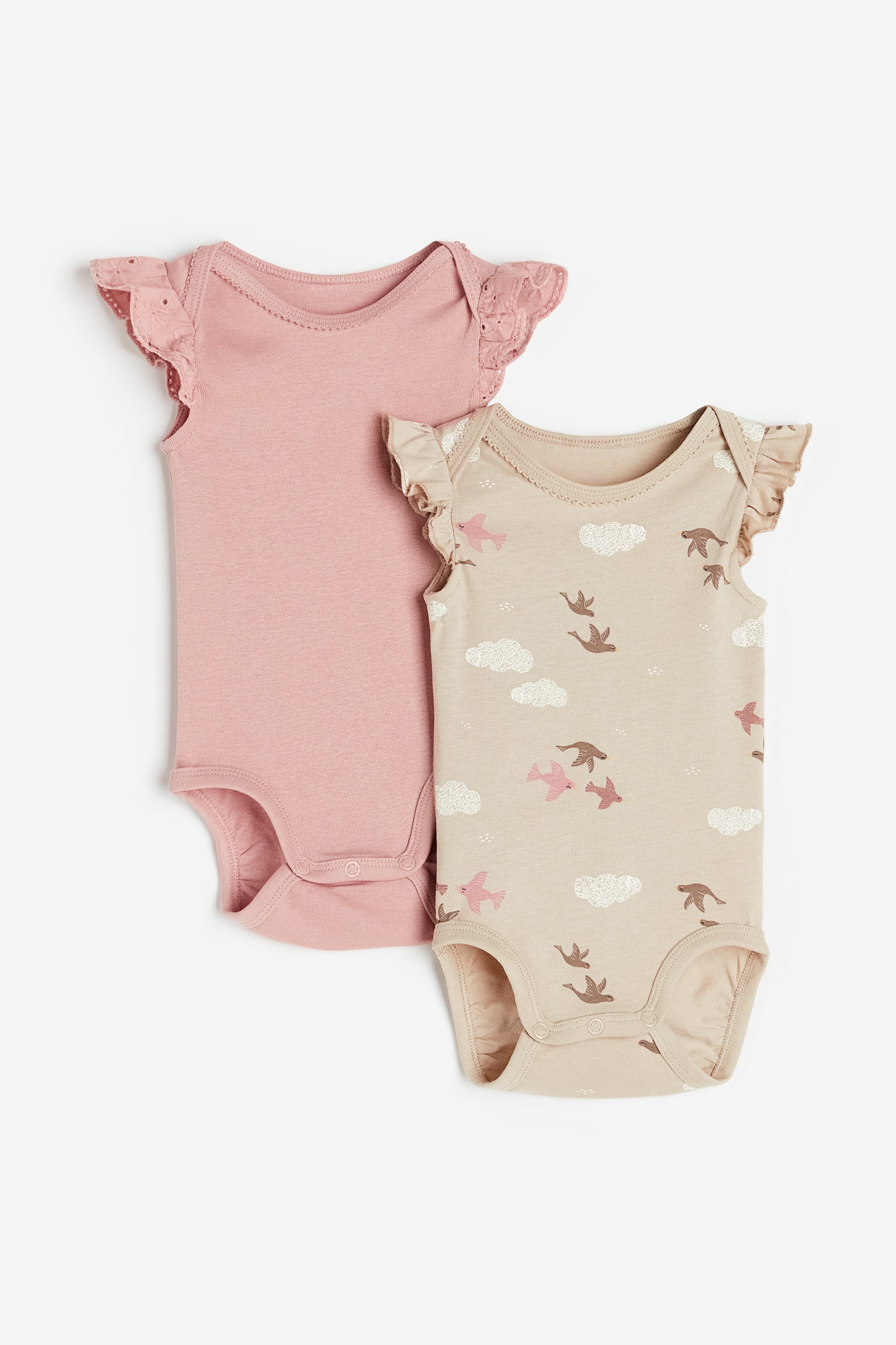 2-pack picot-trim bodysuits - Beige/Birds/Light pink/Cream - 1