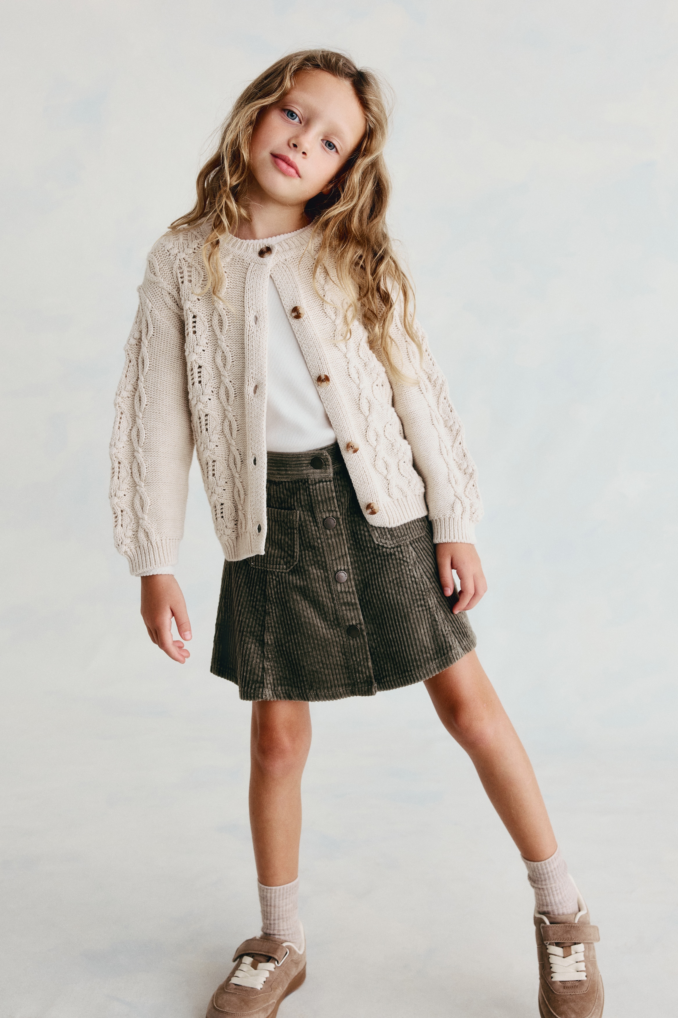 Corduroy A-line skirt - Khaki green/Light pink/Dark red