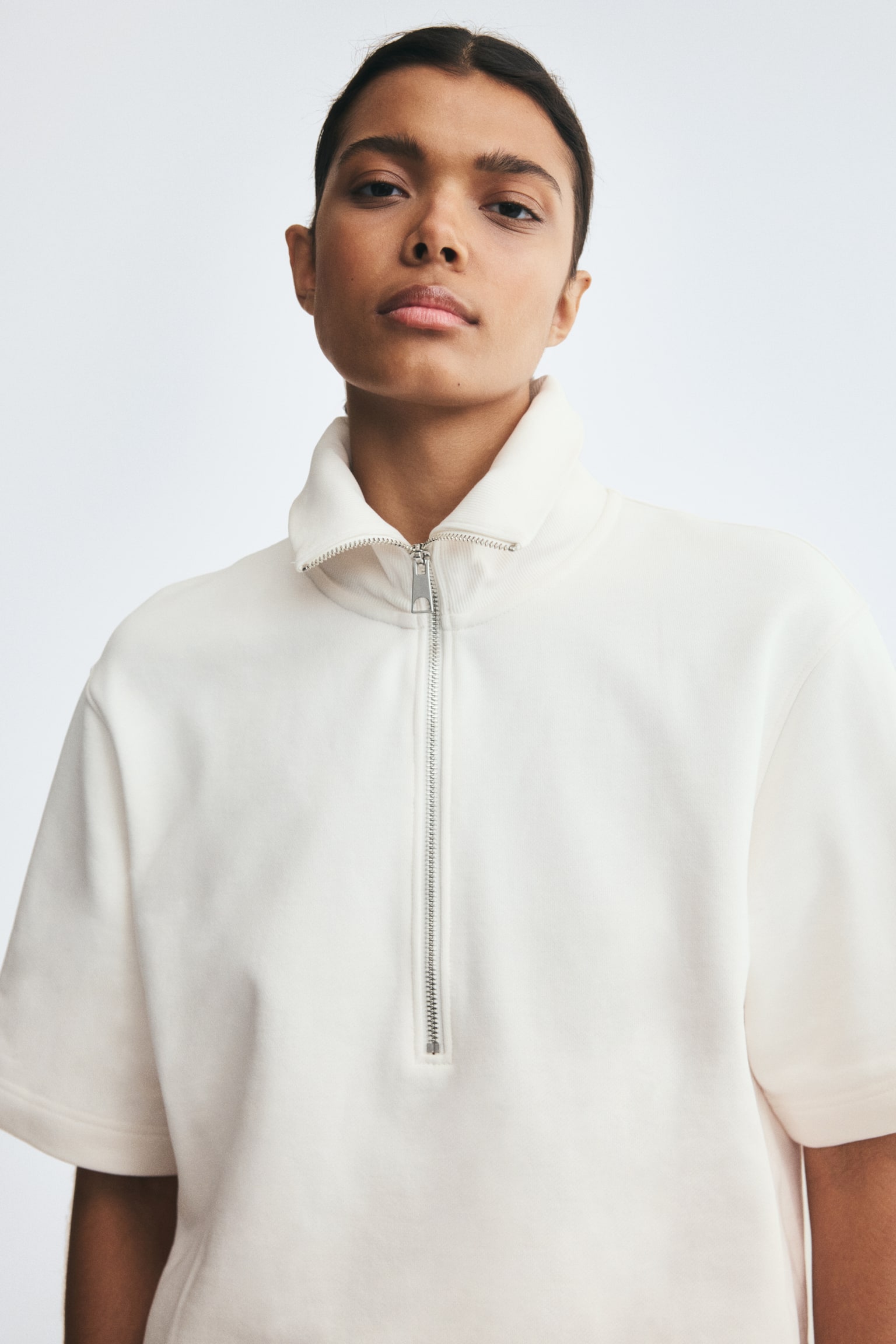 Женское поло H&M Cotton Half-Zip Polo Shirt, цвет: Кремовый — фото 3