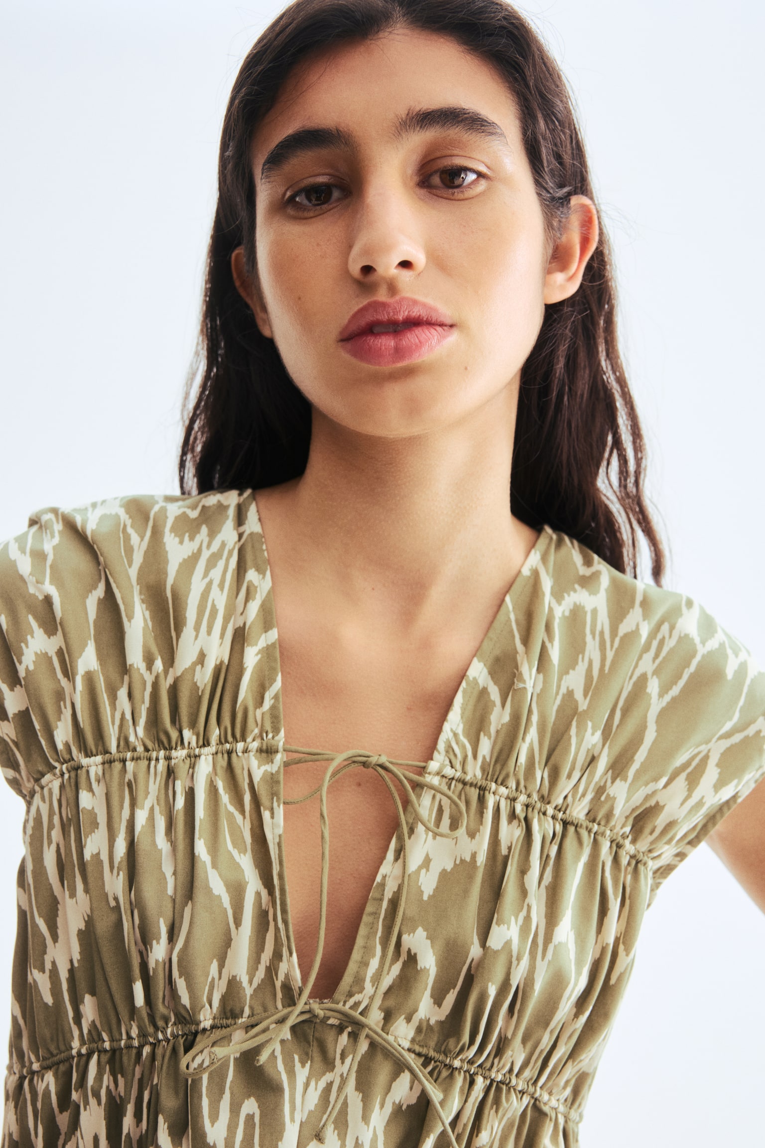 Drawstring-detail poplin dress - Dusty green/Patterned/Dark orange/Paisley pattern/Light turquoise - 7