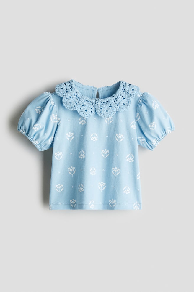 Top avec col façon crochet - Bleu/fleuri/Blanc - 1