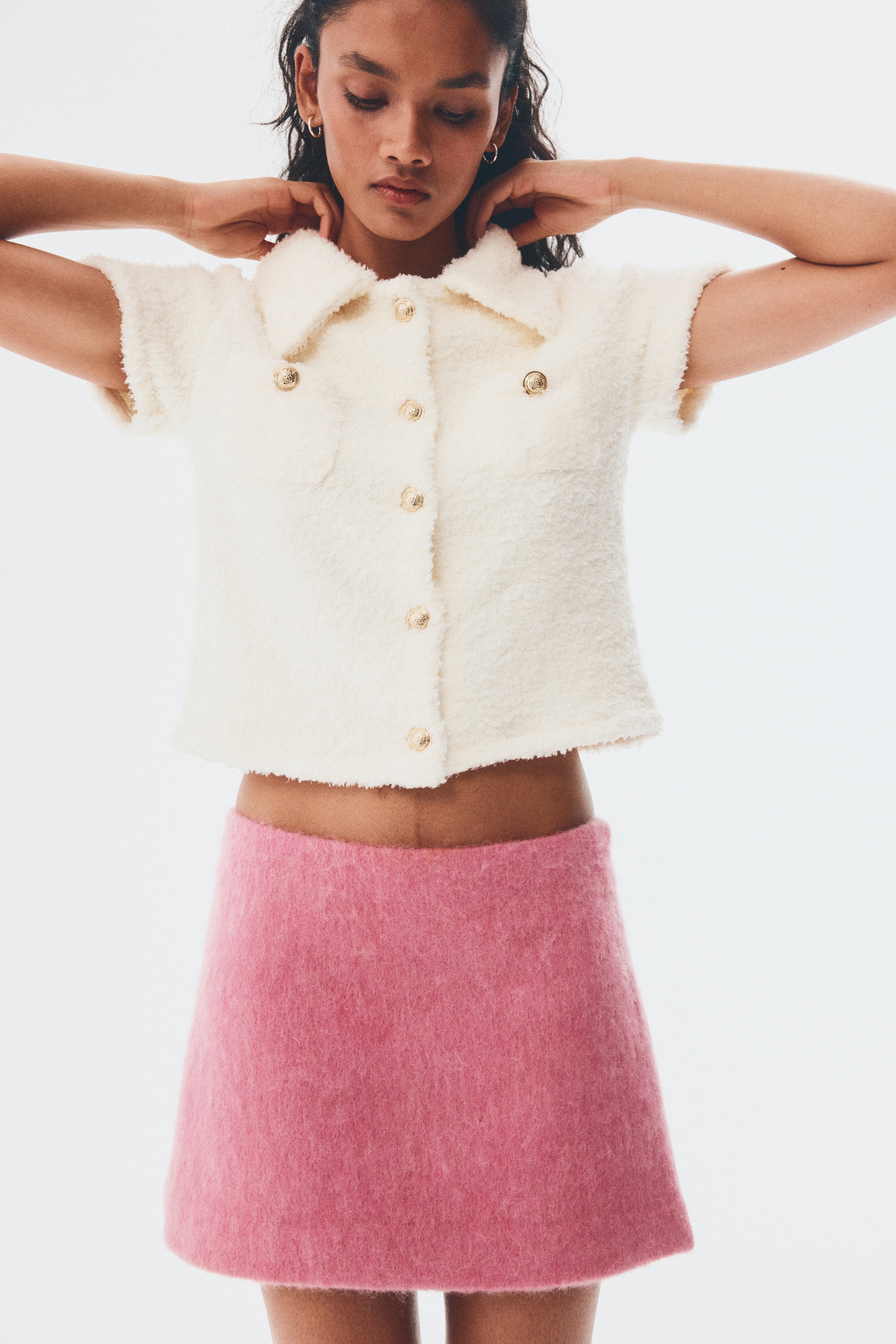 H & M - 半袖テディカーディガン - ホワイト