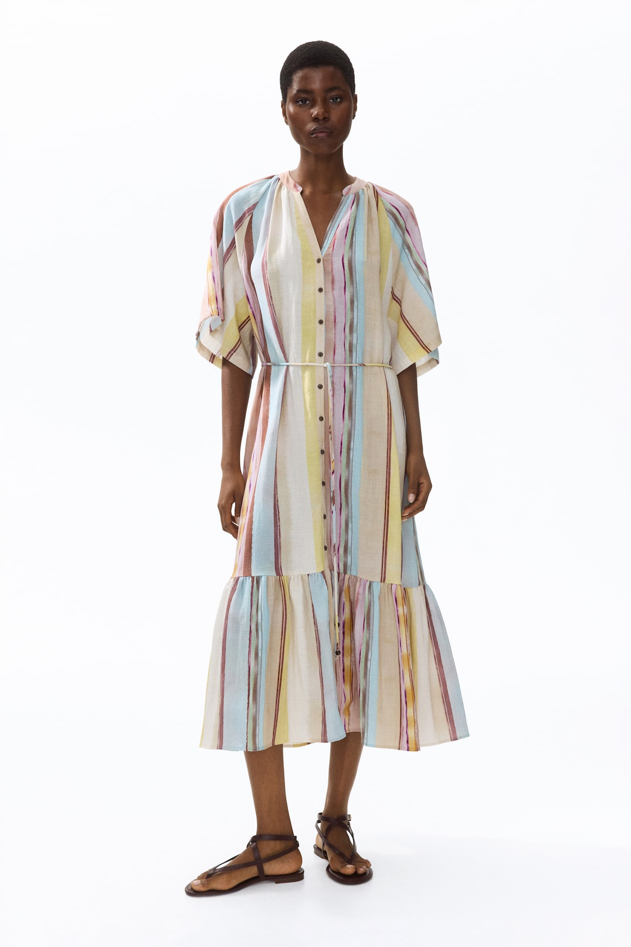 Women's Light beige/striped Short-Sleeved Tie-Belt Dress | H&M US