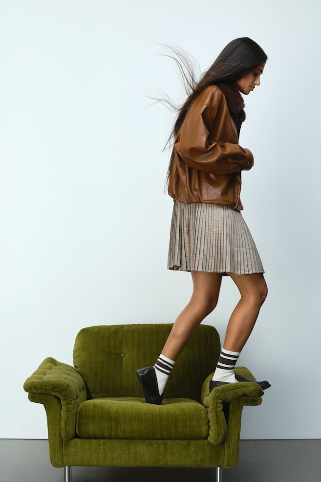 Plissierter Minirock-Beige/Kariert - 5