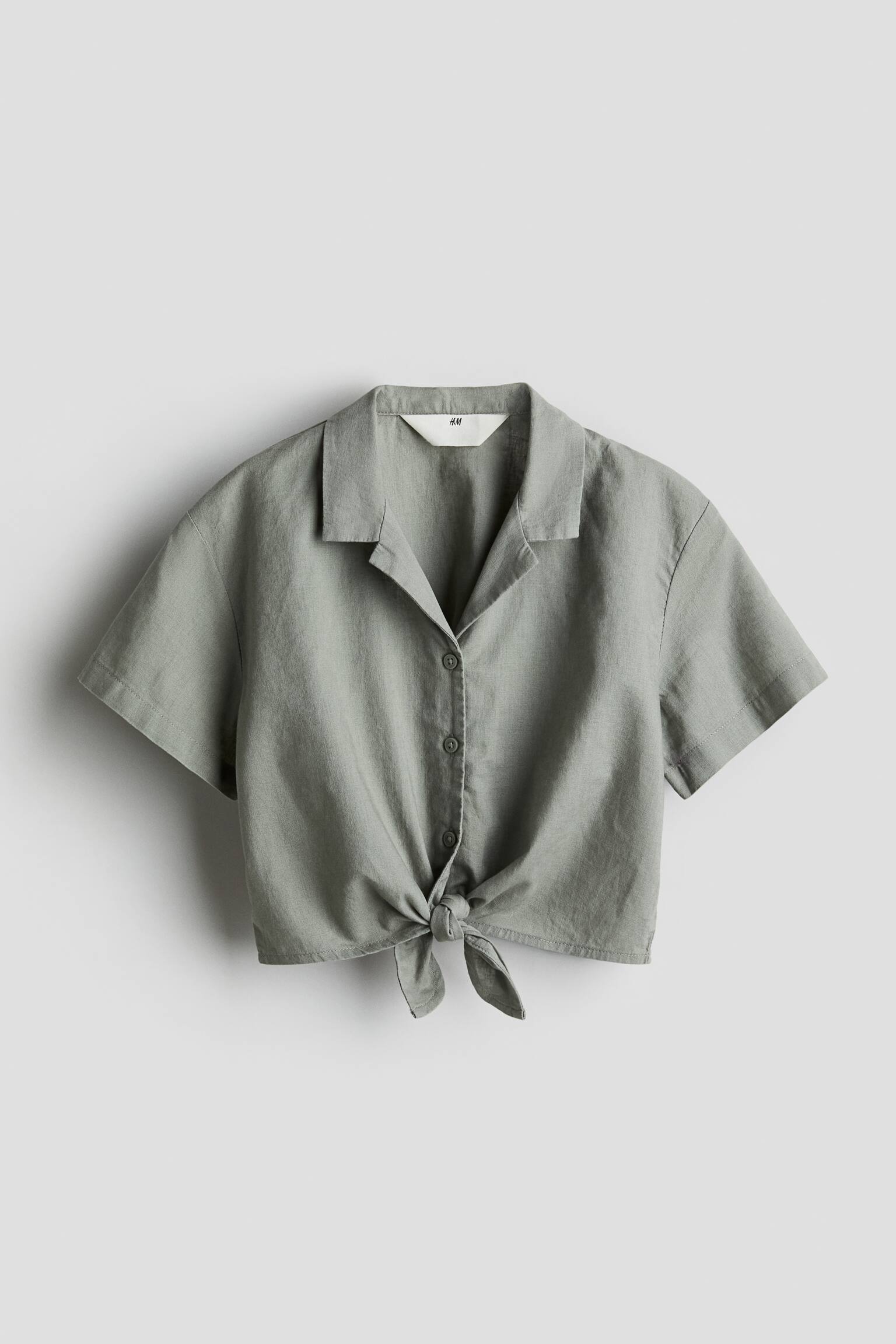 Linen Blend Tie Hem Shirt - Dusty khaki green/White - 1