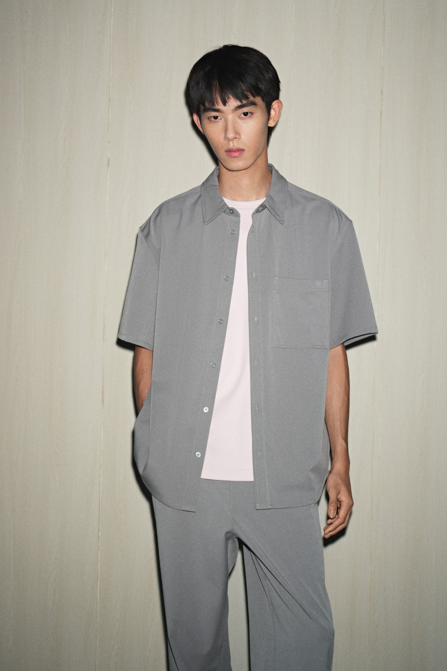 寬鬆剪裁短袖襯衫 - 灰綠色/黑色 - 7