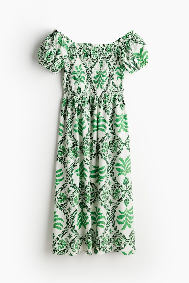 Robe épaules nues en popeline - Vert/motif - 1