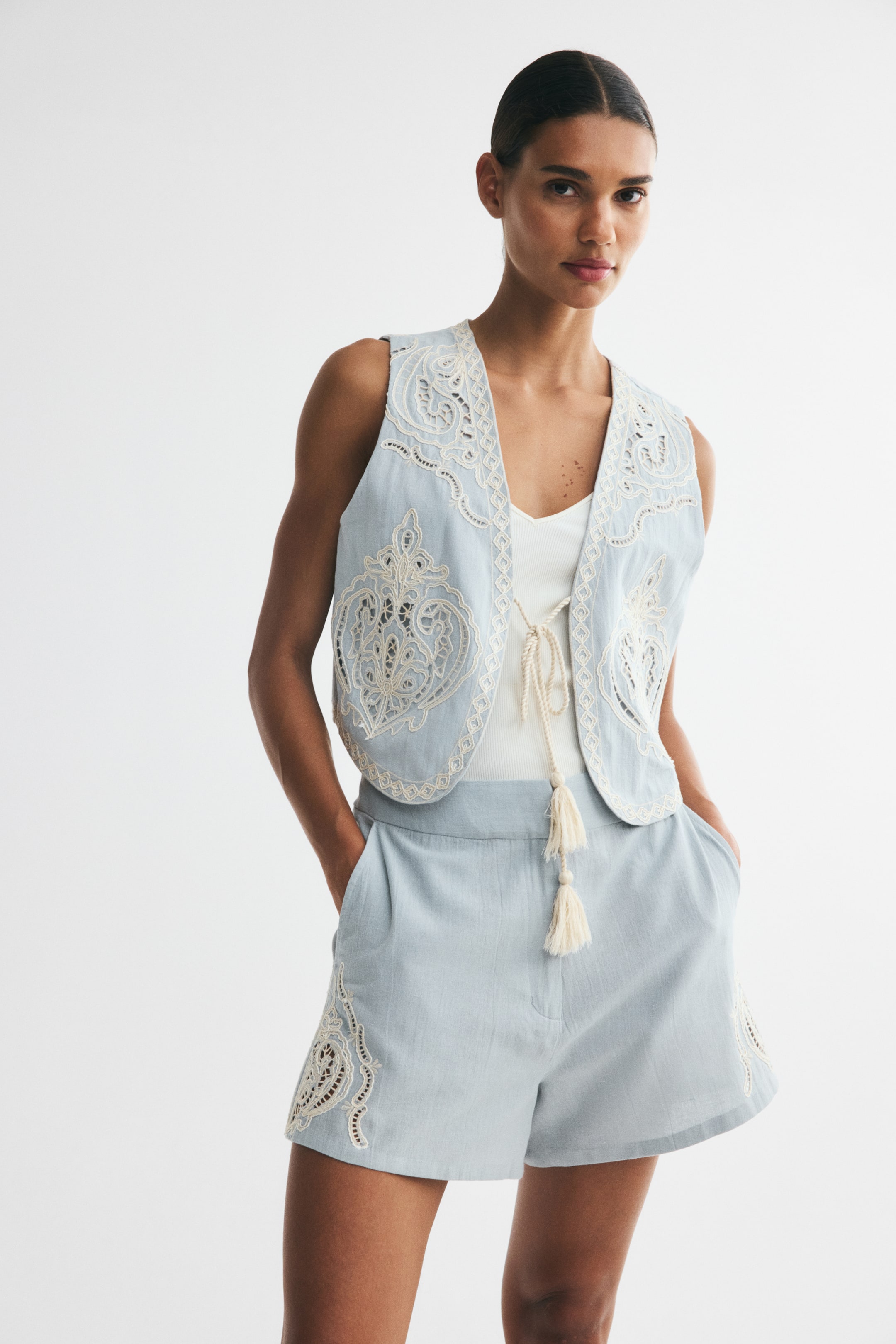 Linen-Blend Vest with Eyelet Embroidery