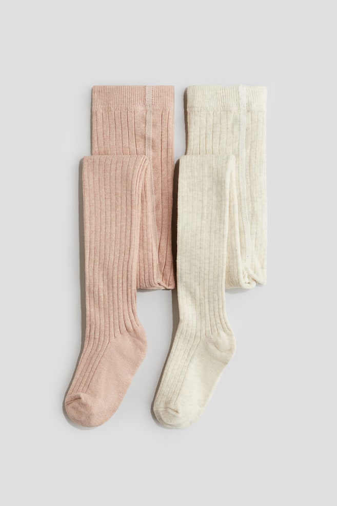 2-pack ribbed tights - Light dusty pink/Cream - 1