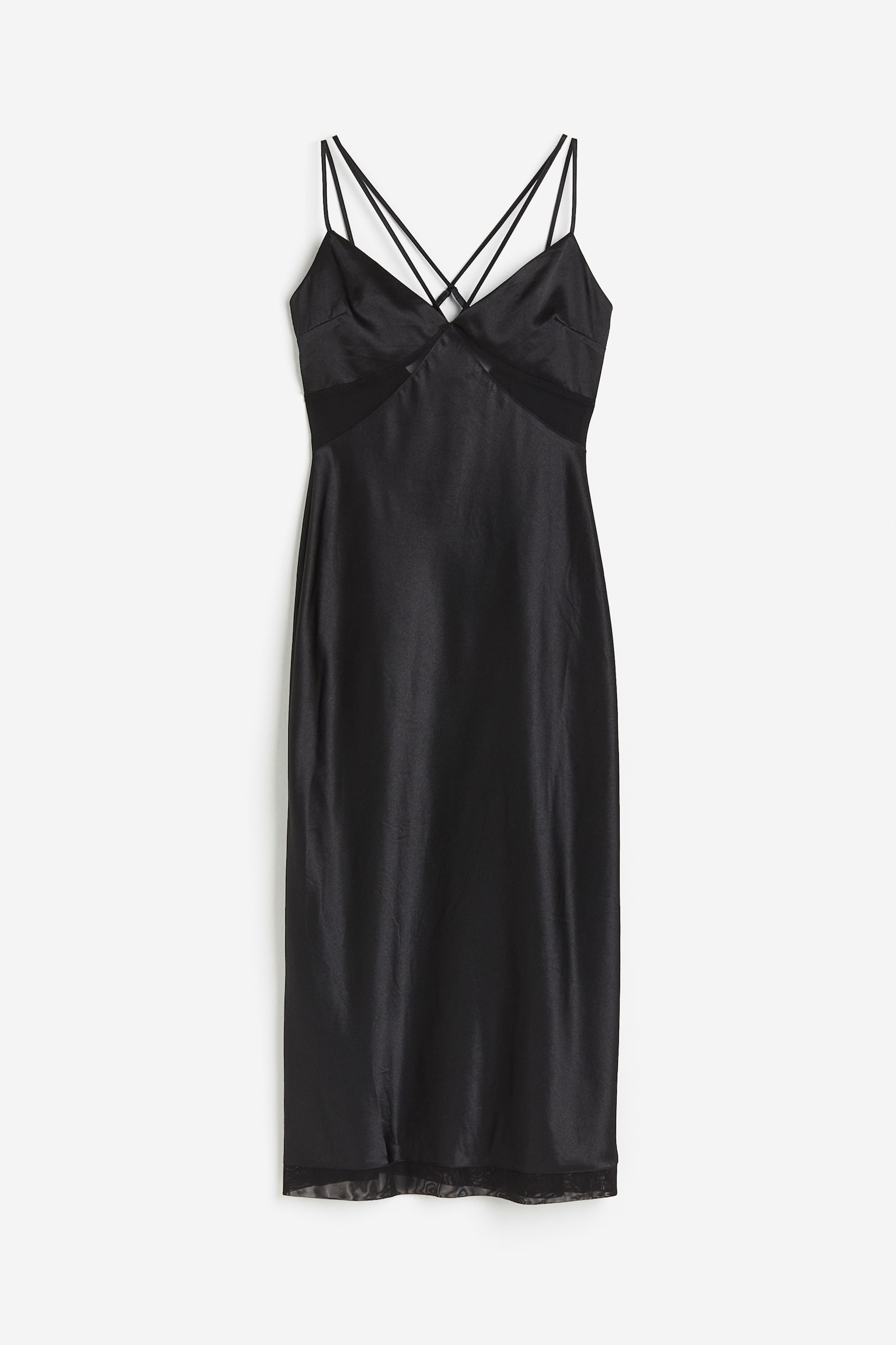 Mesh Detail Satin Slip Dress - Black - 2