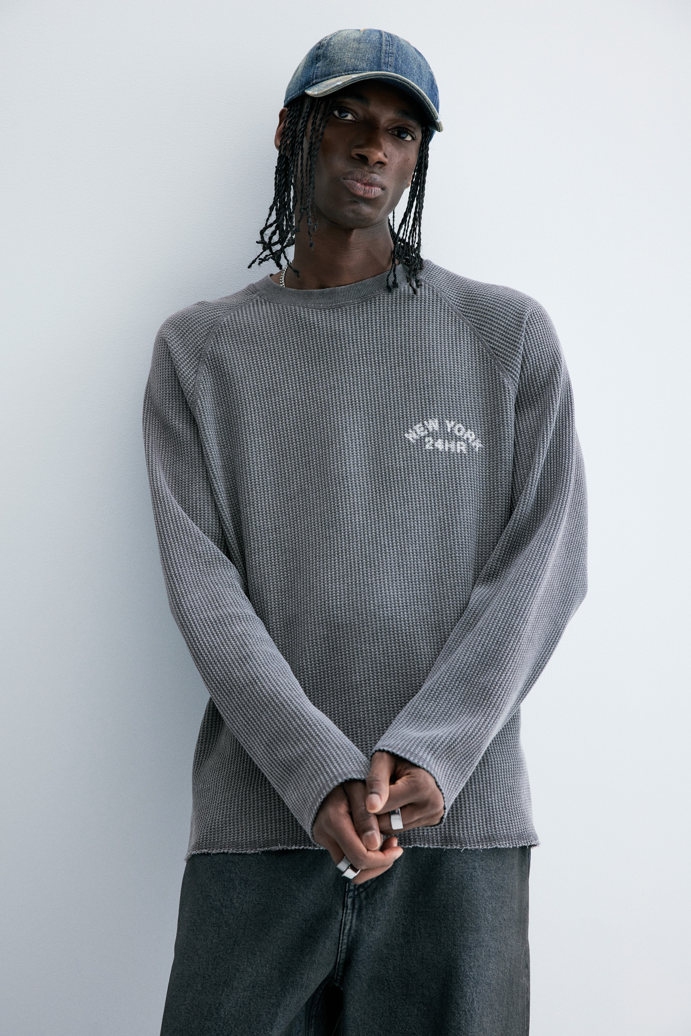 H & M - レギュラーフィット 長袖ワッフルトップス - グレー